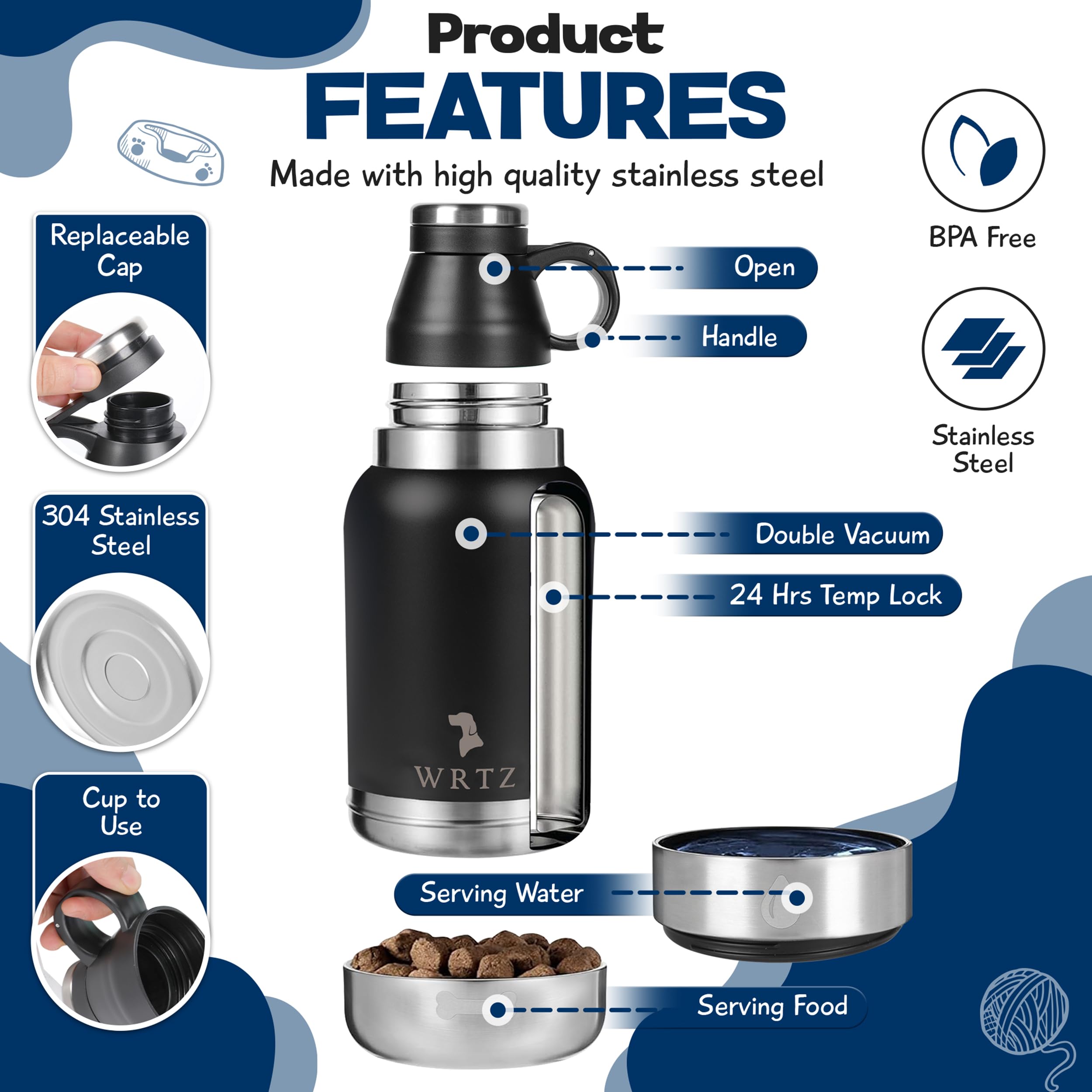WRTZ Portable Dog Water Bottle with 2 Removable Water Bowls for Dogs – Leak-Proof Insulated Stainless Steel Dog Water Bottle - Travel Accessories for Dogs - 32oz - Black - image 4