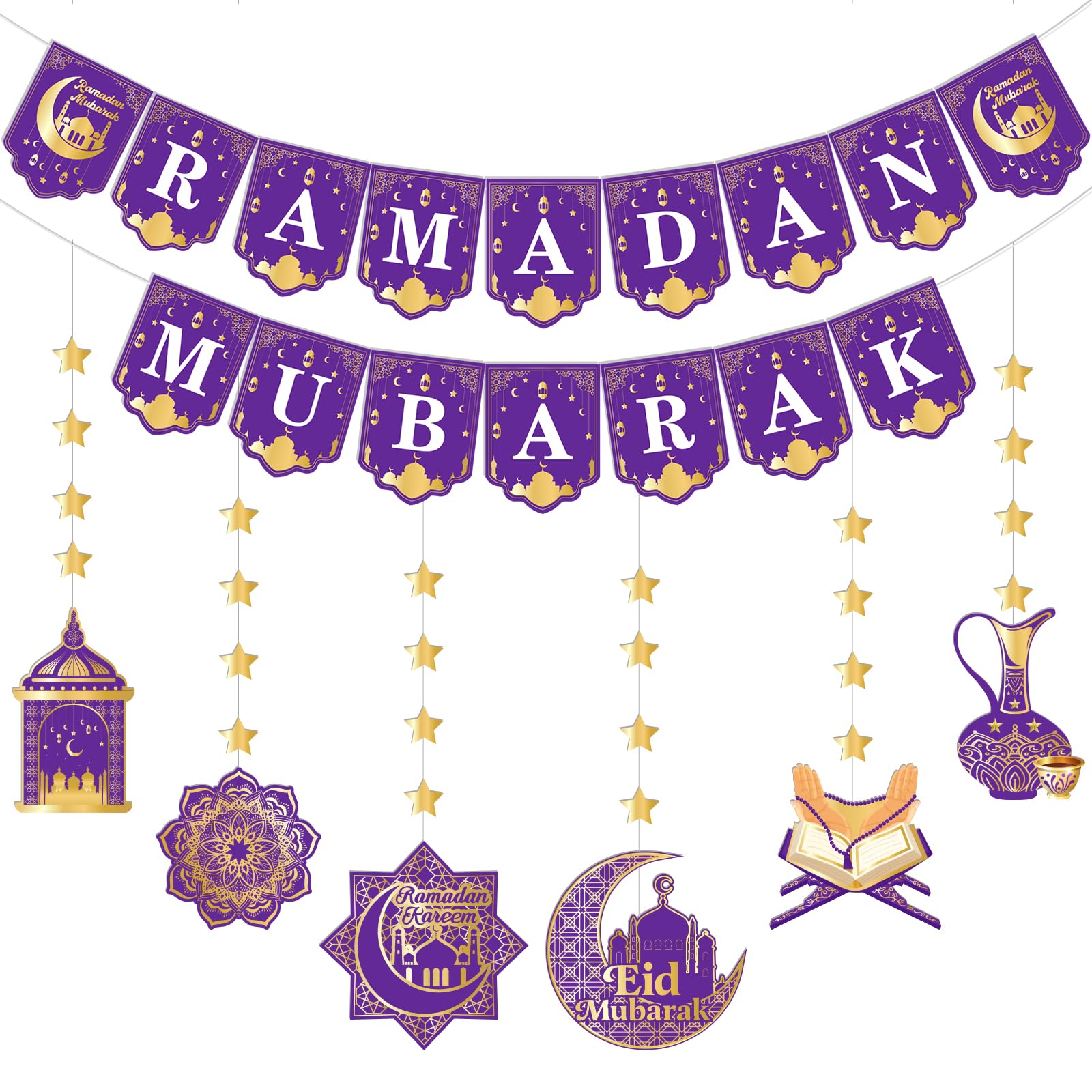 Eid Mubarak Decorations Set - Purple and Gold Ramadan Mubarak Banner, Moon Star Lantern Castle Ramadan Kareem Hanging Garland Streamer for Islam Muslim Ramadan Home Holiday Party Decorations