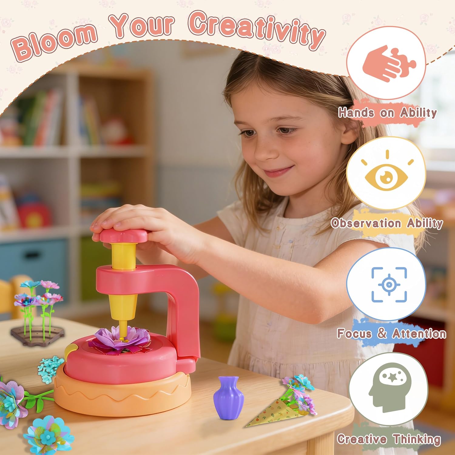 KEGOZ Flower Making Machine for Kids, DIY Flower Craft Kit with Flower Maker, Arts and Crafts for Girls Ages 4-6-8, Birthday Easter Gifts for 4 5 6 7 8 9 Year Old Girls, Kids DIY Bouquet Making Toy image 2