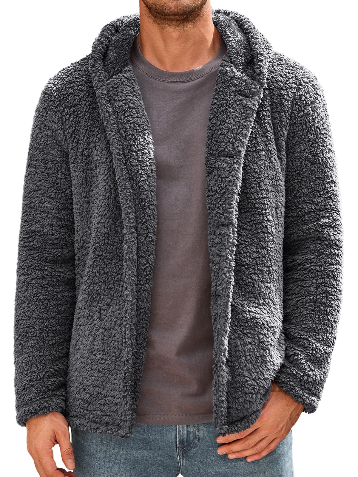 Runcati Mens Fuzzy Sherpa Hoodie Long Sleeve Button Down Fleece Jackets Casual Winter Hooded Sweatshirt