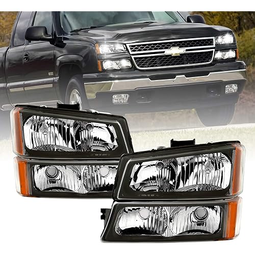 AmeriLite for 2003-2006 Chevy Silverado 1500HD 2500HD 3500 / Avalanche Pickup Black Replacement Headlights Assembly w/Bumper lamp Set - Driver and Passenger Side