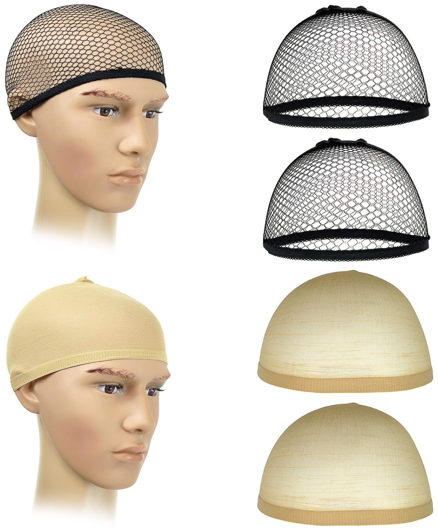 4er Set Haarnetze Als Unterziehaube – 2x Beige Nylon, 2x Schwarz Mesh – Elastisch, Weich – Für Perücken & Kostüme – Erwachsene & Kinder – Faschingszubehör