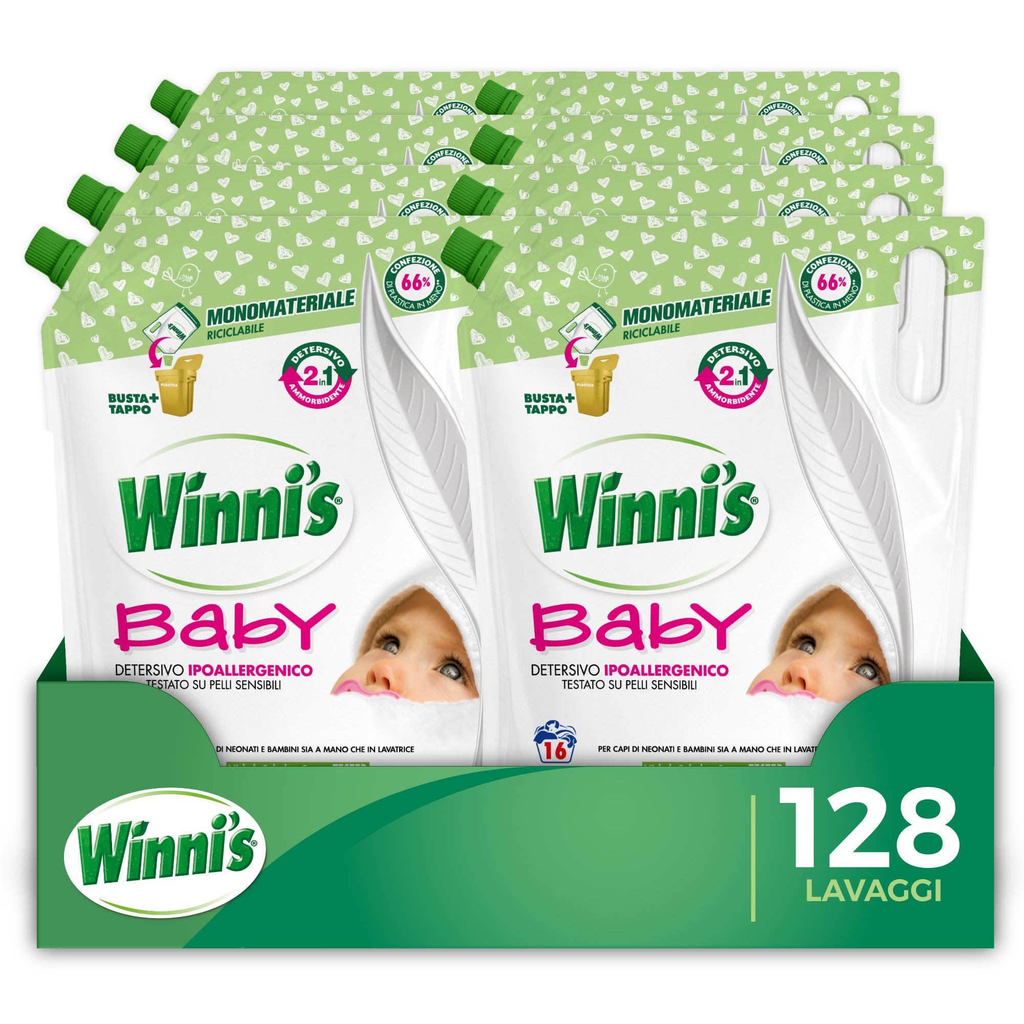 Winni's - Detersivo Lavatrice Baby Ipoallergenico in Ecoformato, 134 lavaggi, con Smacchianti Naturali da Biofermentazione e Materie Prime di Origine Vegetale, 800 ml x 8 Confezioni
