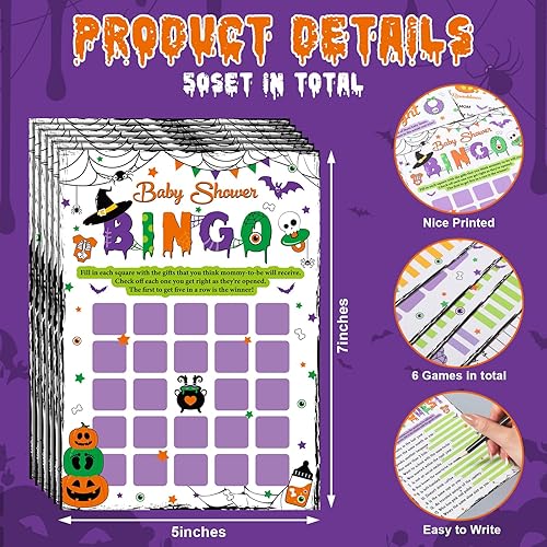 Miniatura 2 de Yeaqee Juegos de baby shower de Halloween, tarjetas de juegos de baby shower, kit neutro de género definitivo de 6 juegos clásicos, actividades de