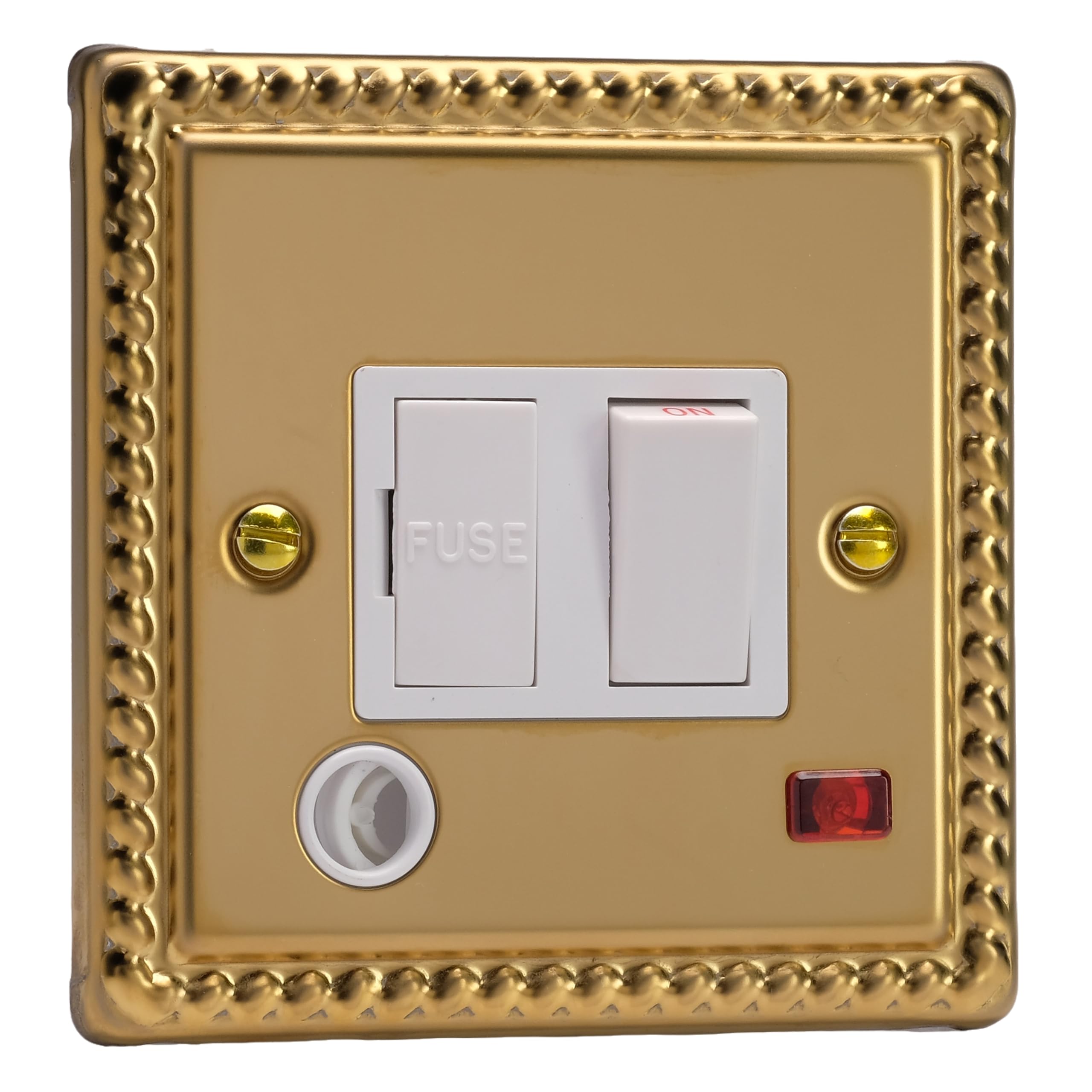 Varilight Switched Fused Spur With Neon & Flex Outlet - Classic Georgian Brass With White Insert, XG6FONW