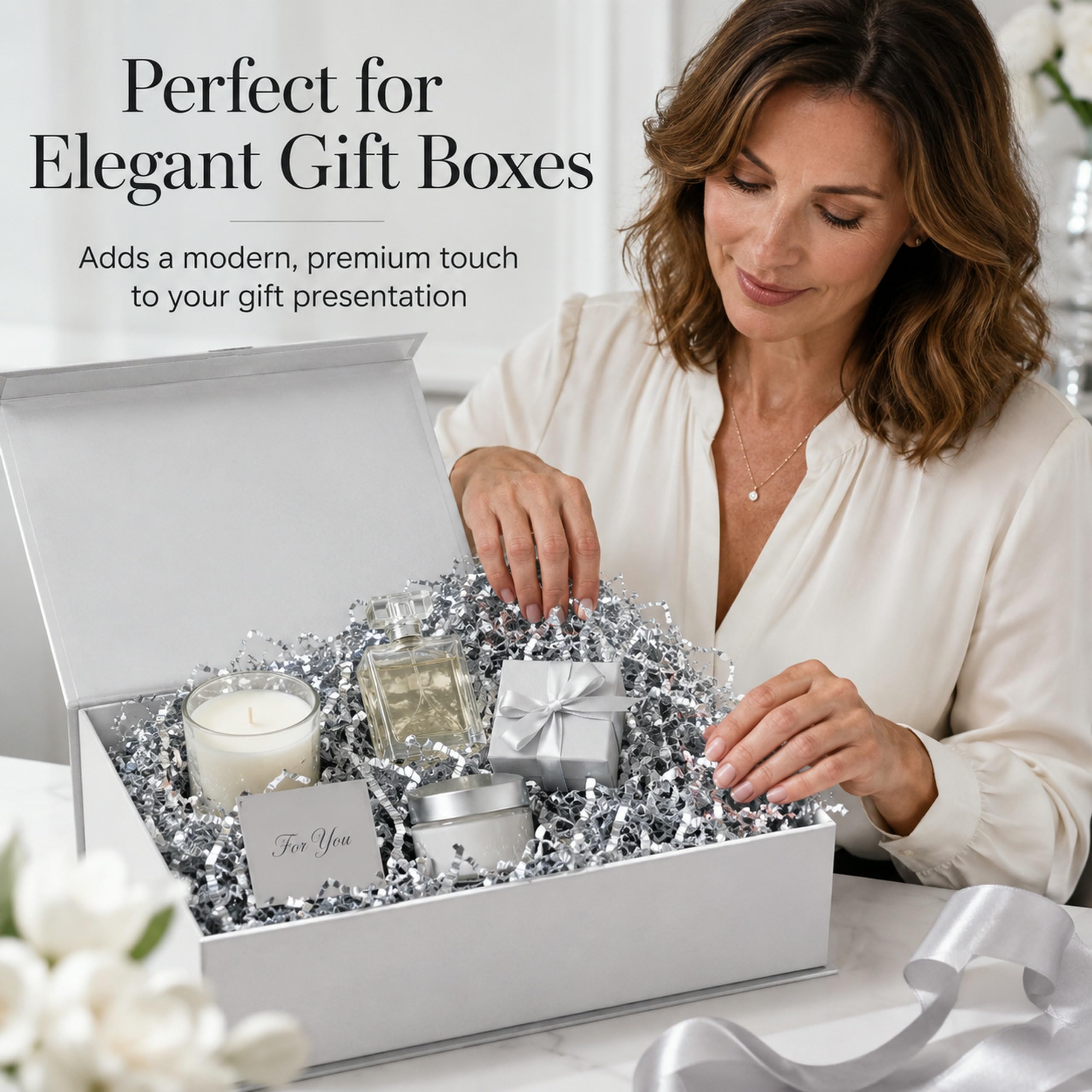 STRBOXONG 455 g Papel Triturado para Cajas de Regalo, Viruta de Papel Rizado para Relleno de Cestas, Papel de Seda Triturado para Embalaje Protector y Manualidades - Plateado Doble Cara