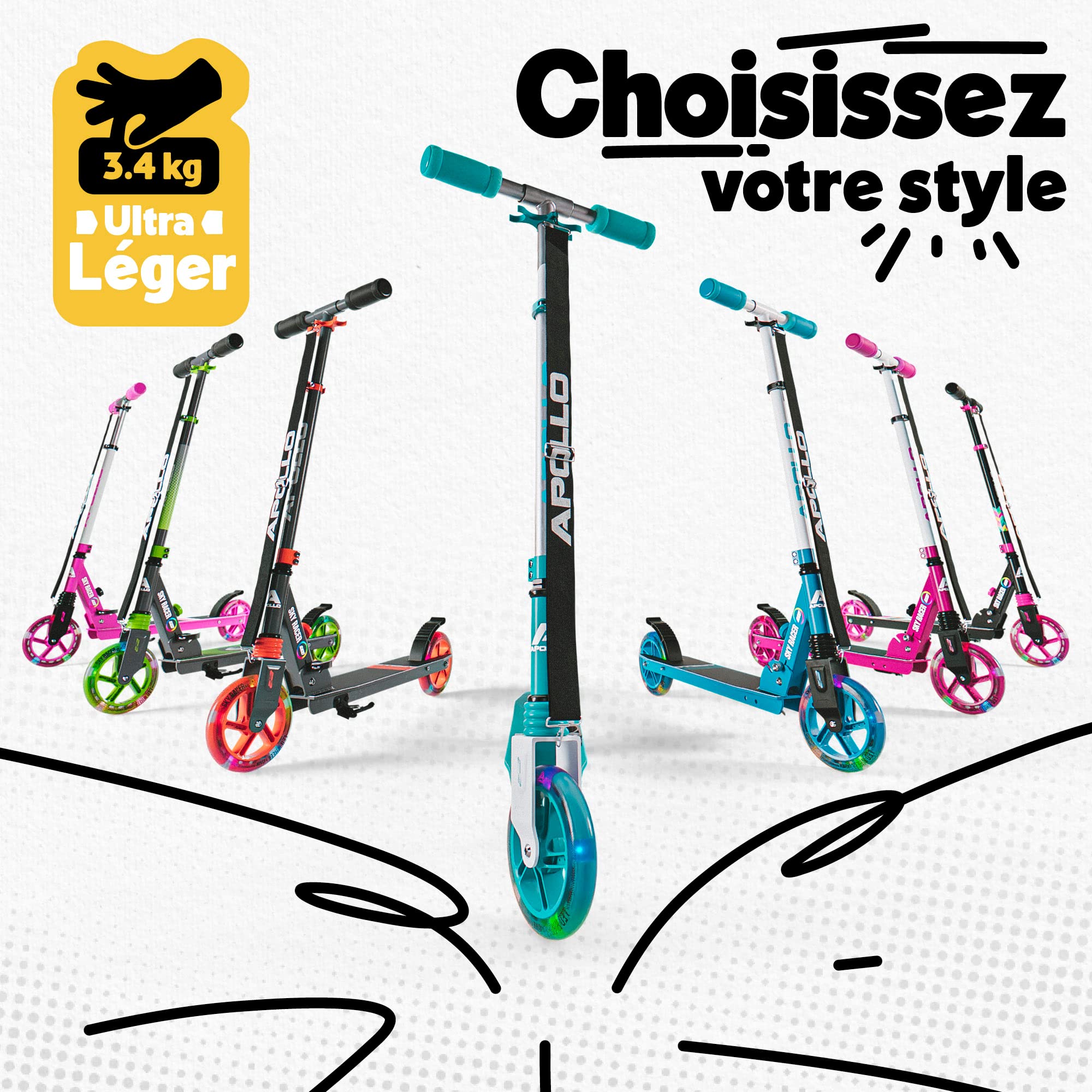 Apollo LED Skyracer – Trottinette Urbaine à Suspension avec Roues LED 145 mm, modèle Pliable et réglable en Hauteur pour Enfants et Adolescents, adaptée au Freestyle