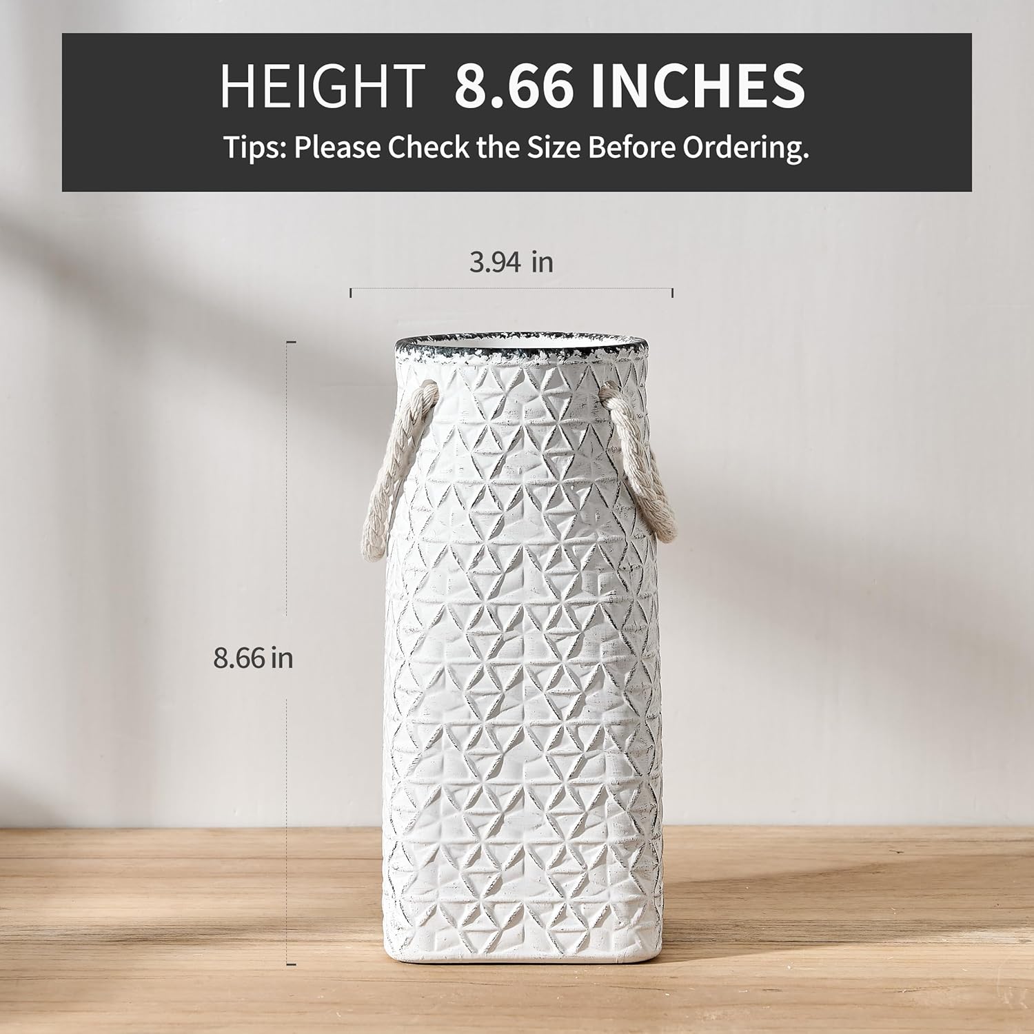 Vaseking Elegant White Petite Vase, 8.66 inch Ceramic Modern Minimalism Geometric Texture Purse Vase with Hanging Rope, Creative Tote Bag Vases for Home Decor, Living Room, Wedding, Bookshelf Decor
