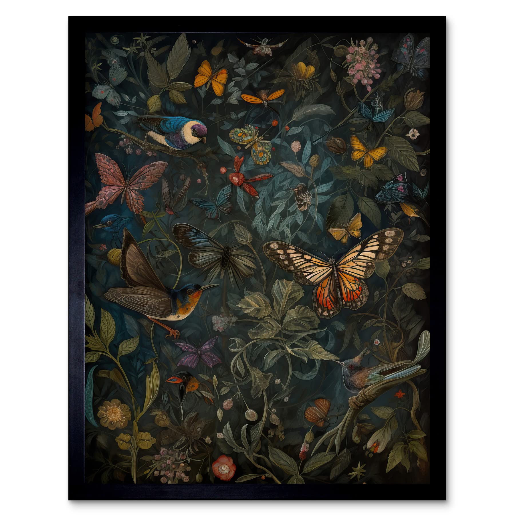 Artery8 Framed Black 12X16 William Morris Style Plants Birds And Butterflies Art Print Framed Poster Wall Decor 12X16 Inch