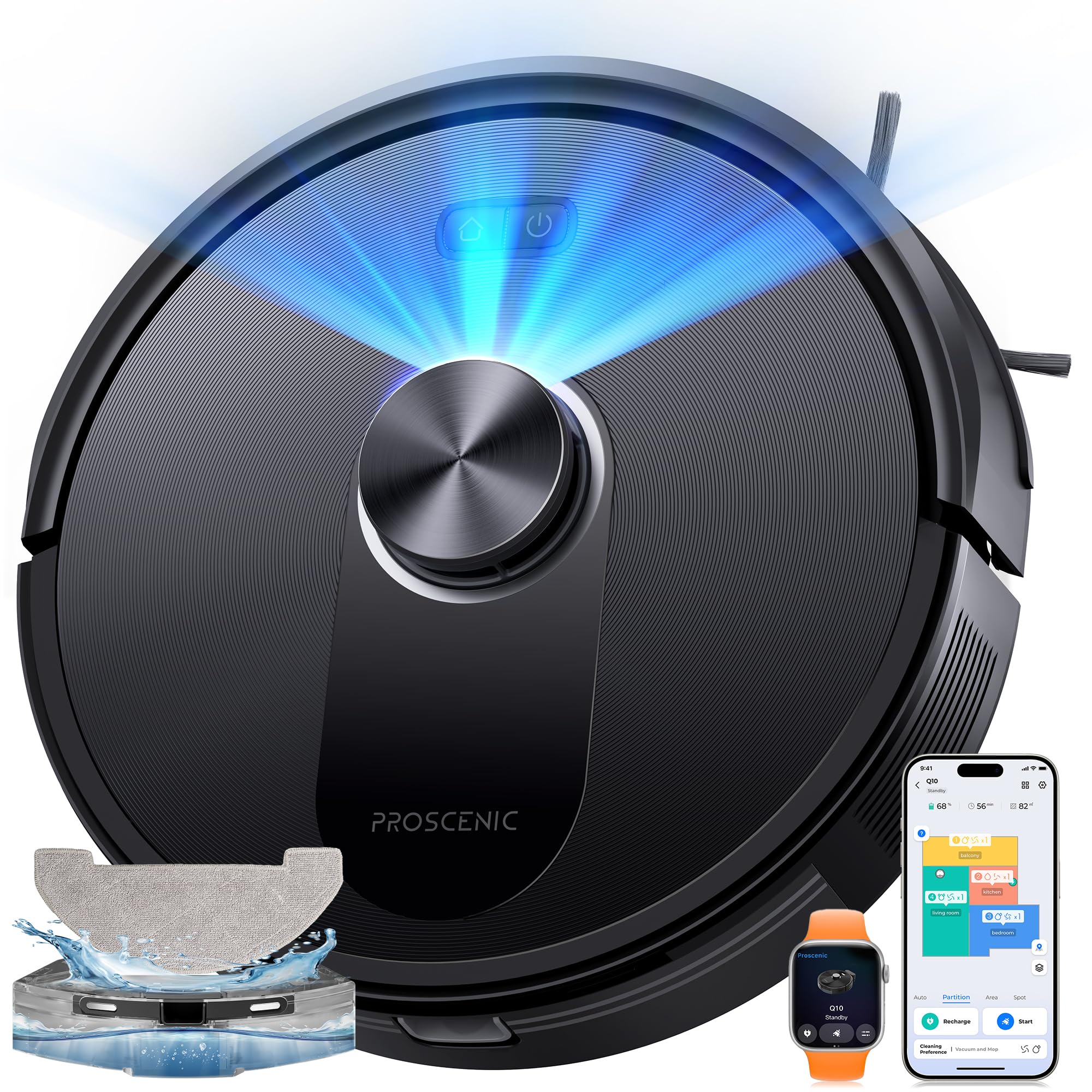 Proscenic Q10 robot odkurzający z funkcją wycierania, 8000 Pa 200 min, wydajna nawigacja laserowa, 5 kart, sterowanie za pomocą aplikacji Alexa Siri Google Watch, pilot zdalnego sterowania do podłóg i