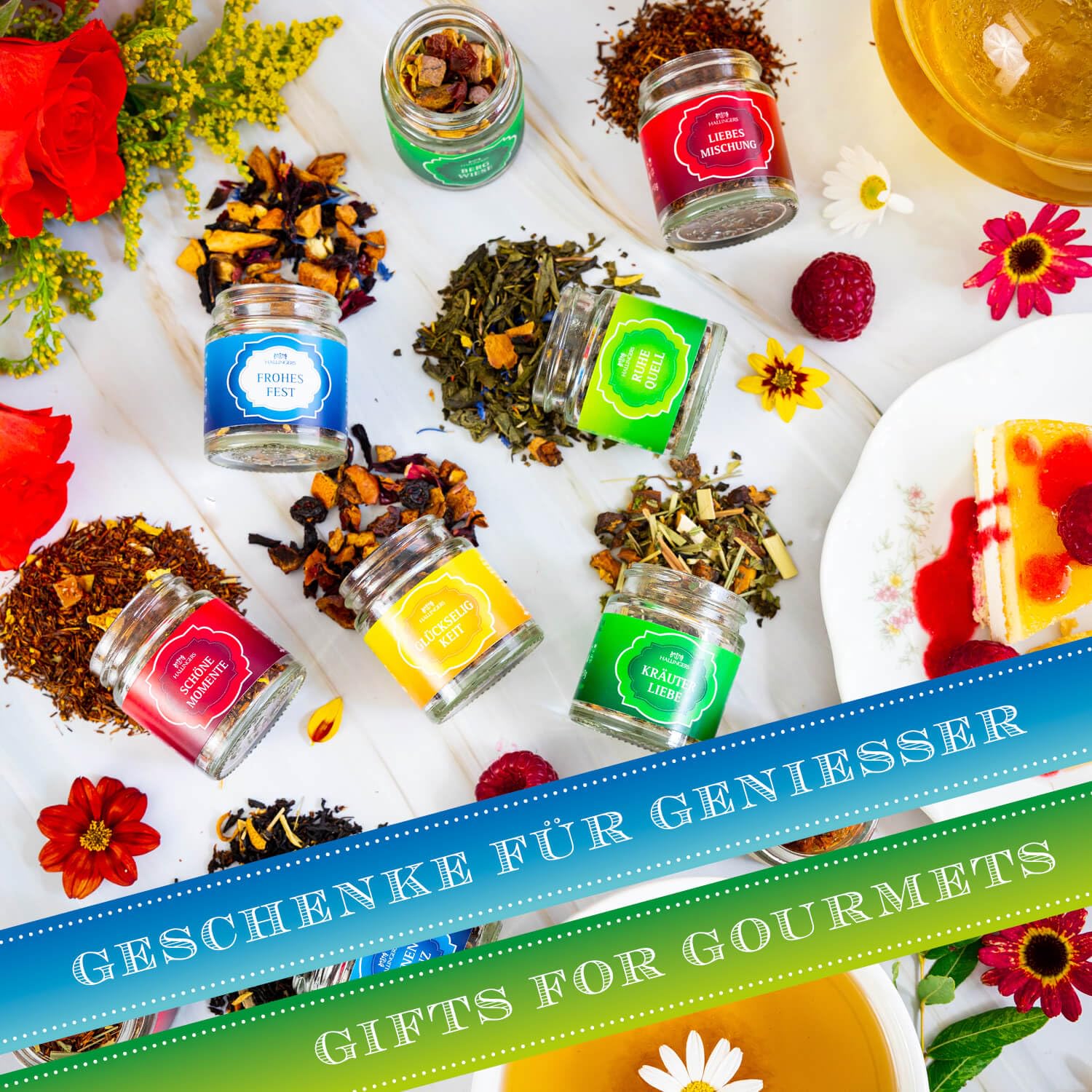 Hallingers Genuss Manufaktur Tee Geschenk-Set - 24 Sorten premium loser Tee Probierset in edler Geschenkbox mit Rezept-Booklet "Tee Deluxe Sele...", Geschenkidee für Frauen Männer
