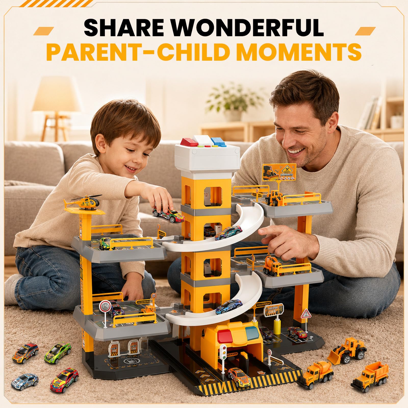 Parcheggio per bambini, 5 piani, con 14 auto e 1 elicottero, parcheggio per bambini con ascensore, luce e suono, regalo per bambini dai 5 ai 9 anni