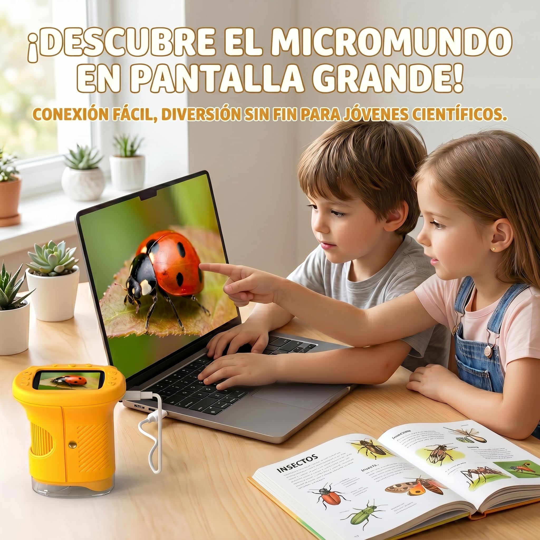 Microscopio para Niños, Microscopio Digital Infantil 4K Pantalla IPS 2.4" Zoom 1000X, Lupa Portátil 8 LED y Cámara Vídeo, Juguetes Stem Regalo Cumpleaños Niño y Niña 3-12 Años - Mandarina
