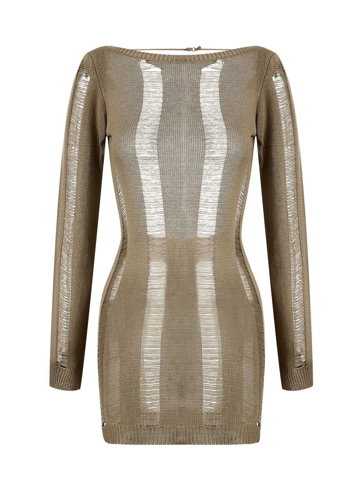 Women Y2K Hollow Out Dress Long Sleeve Round Neck Mesh Cut-Out Wrapped Mini Dress Clubwear Party Cocktail Clothes (A-Brown, L)