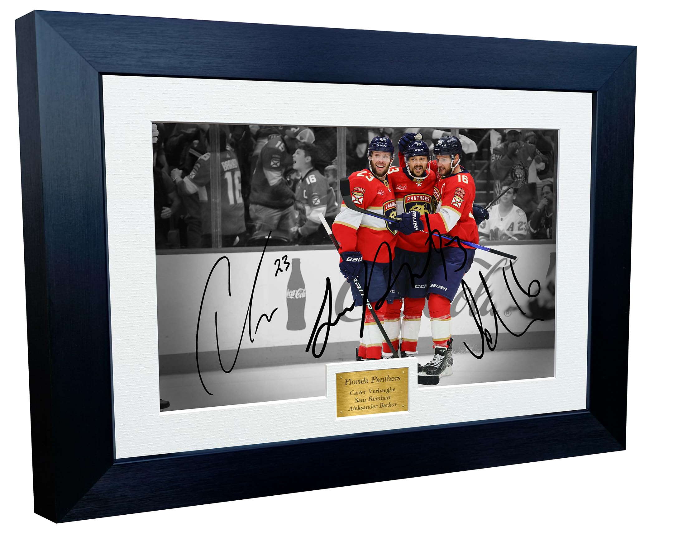 12x8 A4 Stanley Cup Champions 2024 Florida Panthers Carter Verhaeghe Sam Reinhart Aleksander Barkov NHL Autograph Signed Signature Photo Photograph Picture Frame Ice Hockey Poster Gift, Black