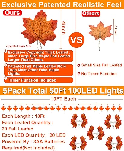 Miniatura 5 de Temporizador – Paquete de 5 guirnaldas de luces de otoño para decoración de otoño, total de 100 LED de 50 pies, guirnalda de hojas de arce ampliada,