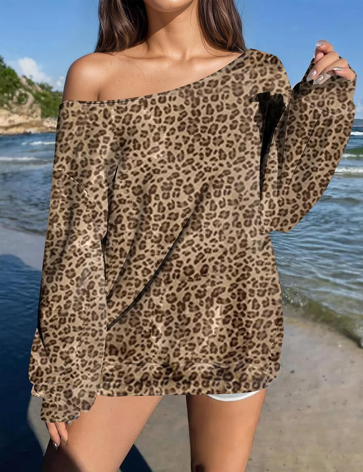 Ythomm Womens Camo Oversized Sweatshirts Off Shoulder Fleece Tops Long Sleeve Maple Leaf Print Fall Pullover Sweaters 2025 - Image 2