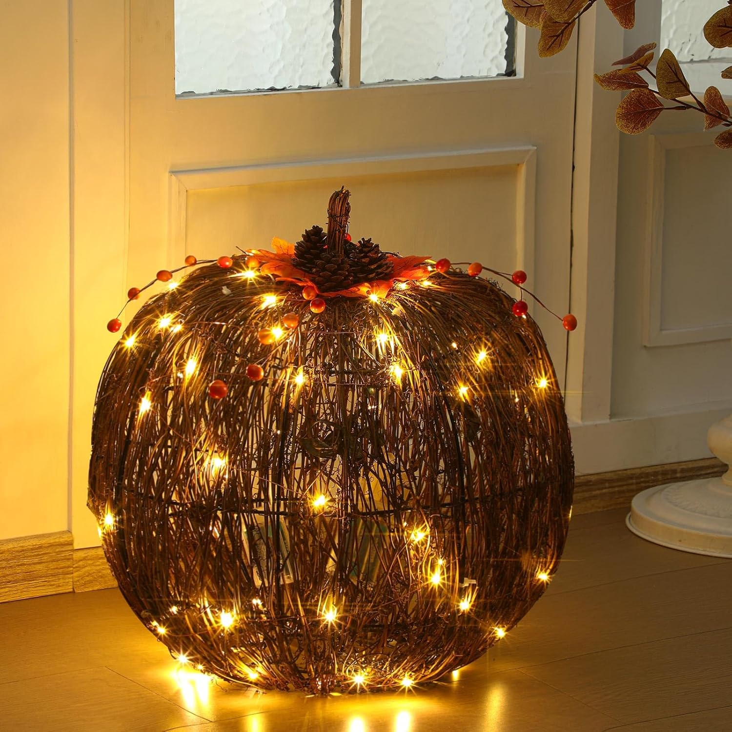 1 Pcs Rattan Lighted Pumpkin Fall Decorations Artificial Rattan Pumpkin Lanterns LED Fall Lighted Harvest Indoor Outdoor Halloween Thanksgiving Decor Porch (Brown,18 Inch) 18 Inch Brown 1