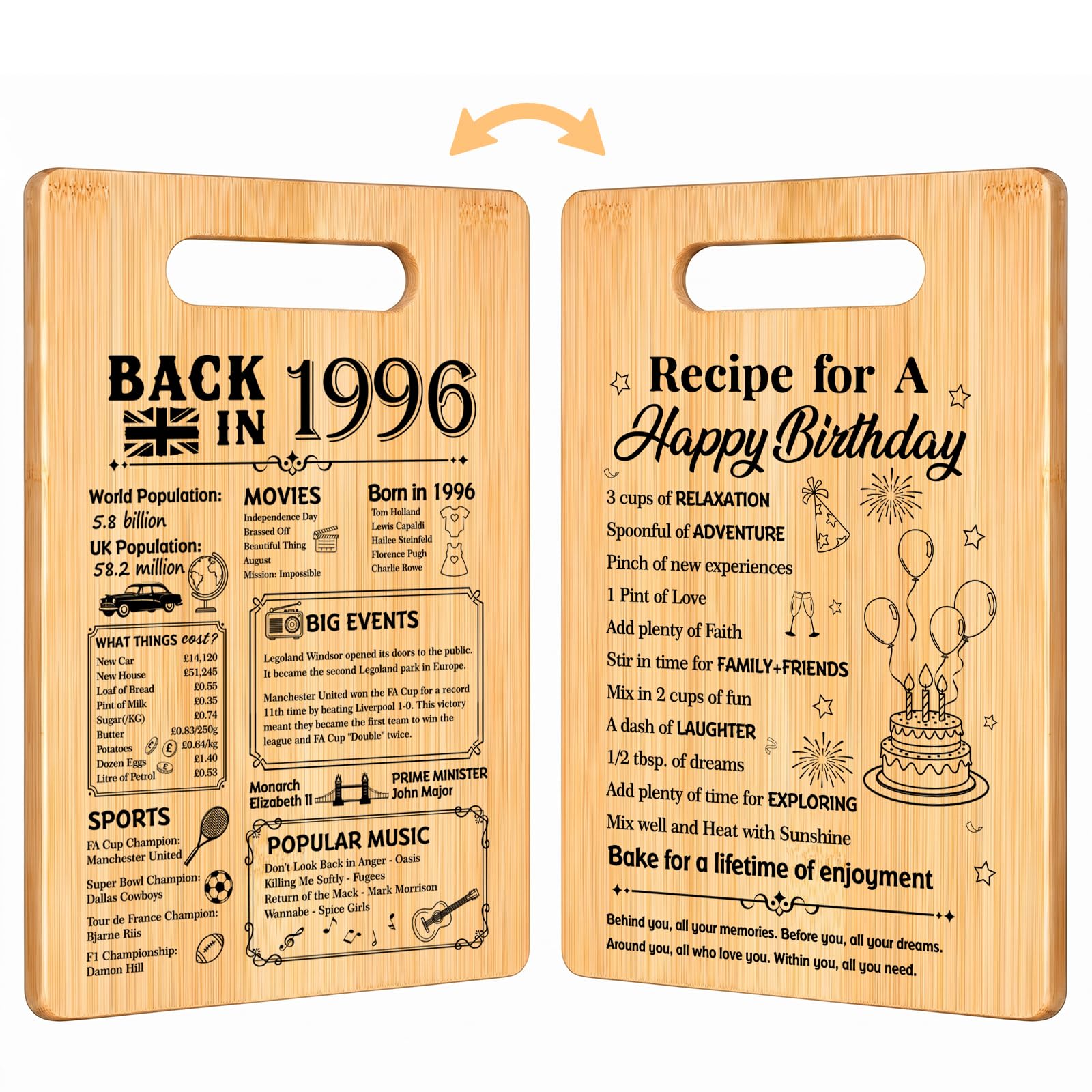Giftota Back in 1996 Chopping Board – 30th Birthday Gift for Men & Women, Bamboo Cutting Board Double Sided with Card – Kitchen Birthday Present for Dad, Mum, Husband, Wife, Friend