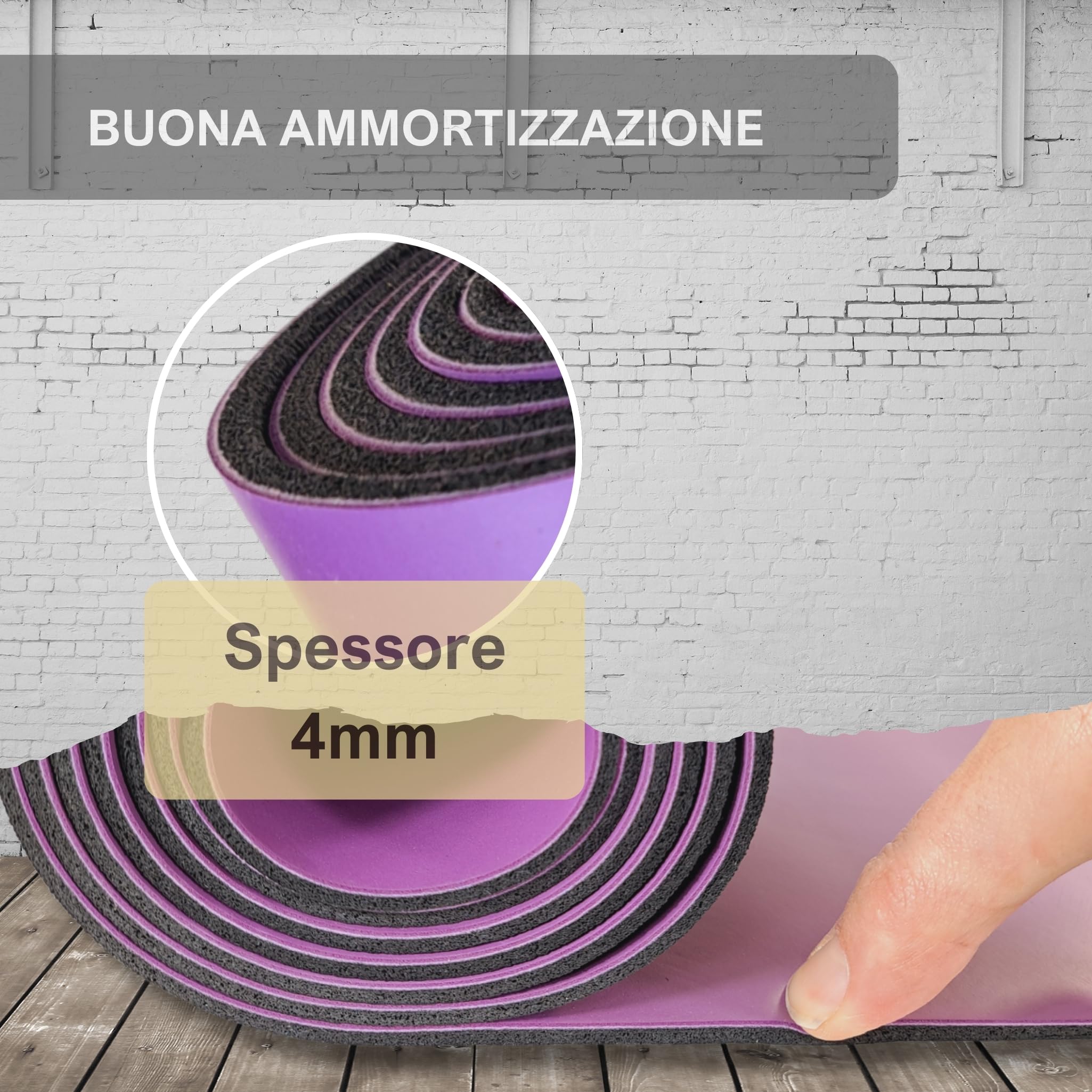 Tappetino da yoga in gomma naturale | estremamente antiscivolo con superficie ULTRA GRIP | extra largo 68cm | 183x68cm | 4mm sottile | cinghia inclusa