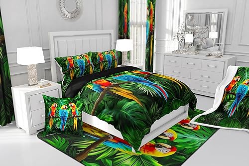 Miniatura 8 de Juego de ropa de cama de loros tamaño Queen, edredón de plumas de animales en acuarela, juego de edredón de hojas de palma para niños, adolescentes