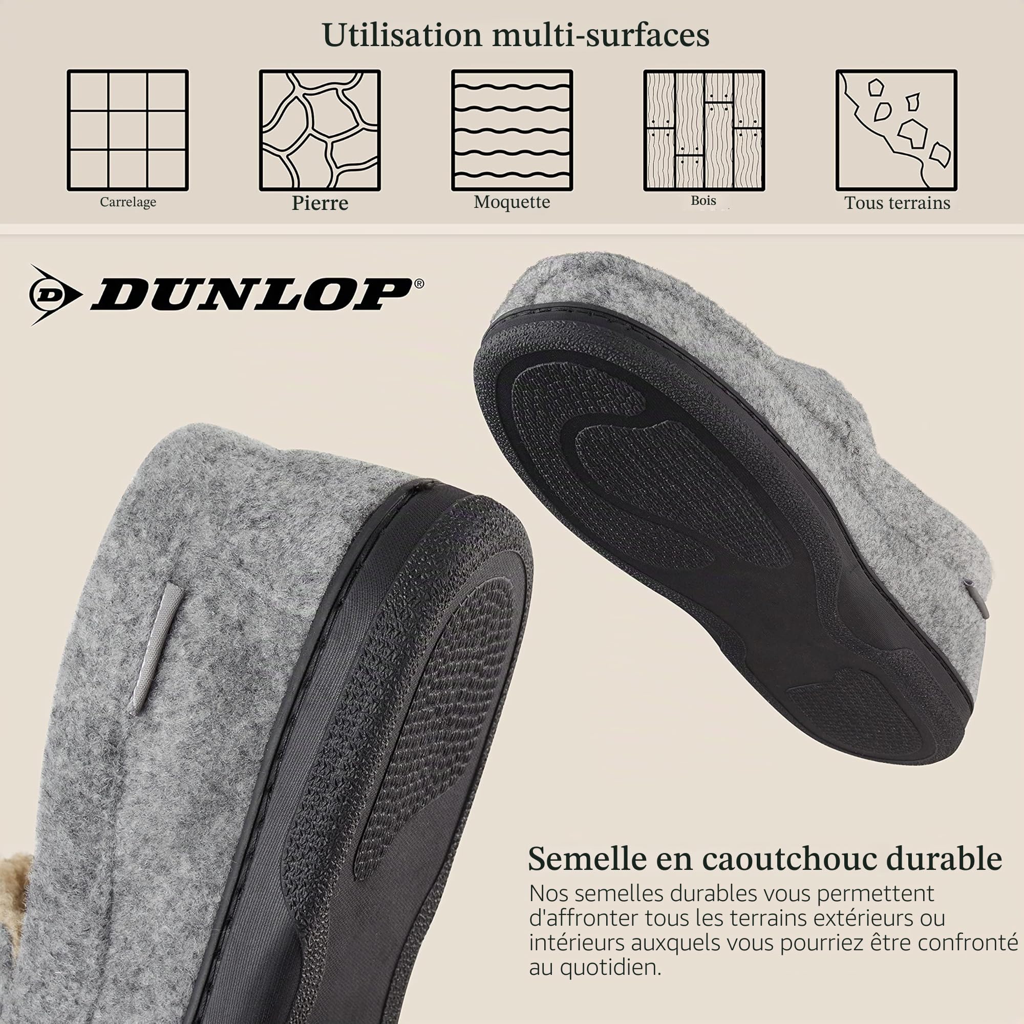 DUNLOP Chausson Homme Semelles Antidérapantes Chaussons Charentaises Hommes Mémoire de Forme Intérieur Extérieur Pantoufles Mocassins Loafers Hiver