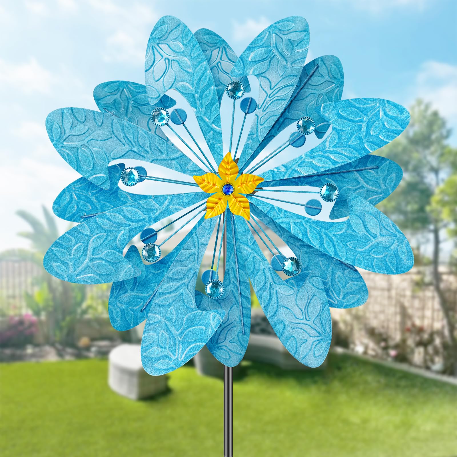 Blue Leaves Large Metal Wind Spinner, Yard Stake 77 Inch Pinwheel Backyard Whirligigs Spinners Tall Windmills for The Yard Garden