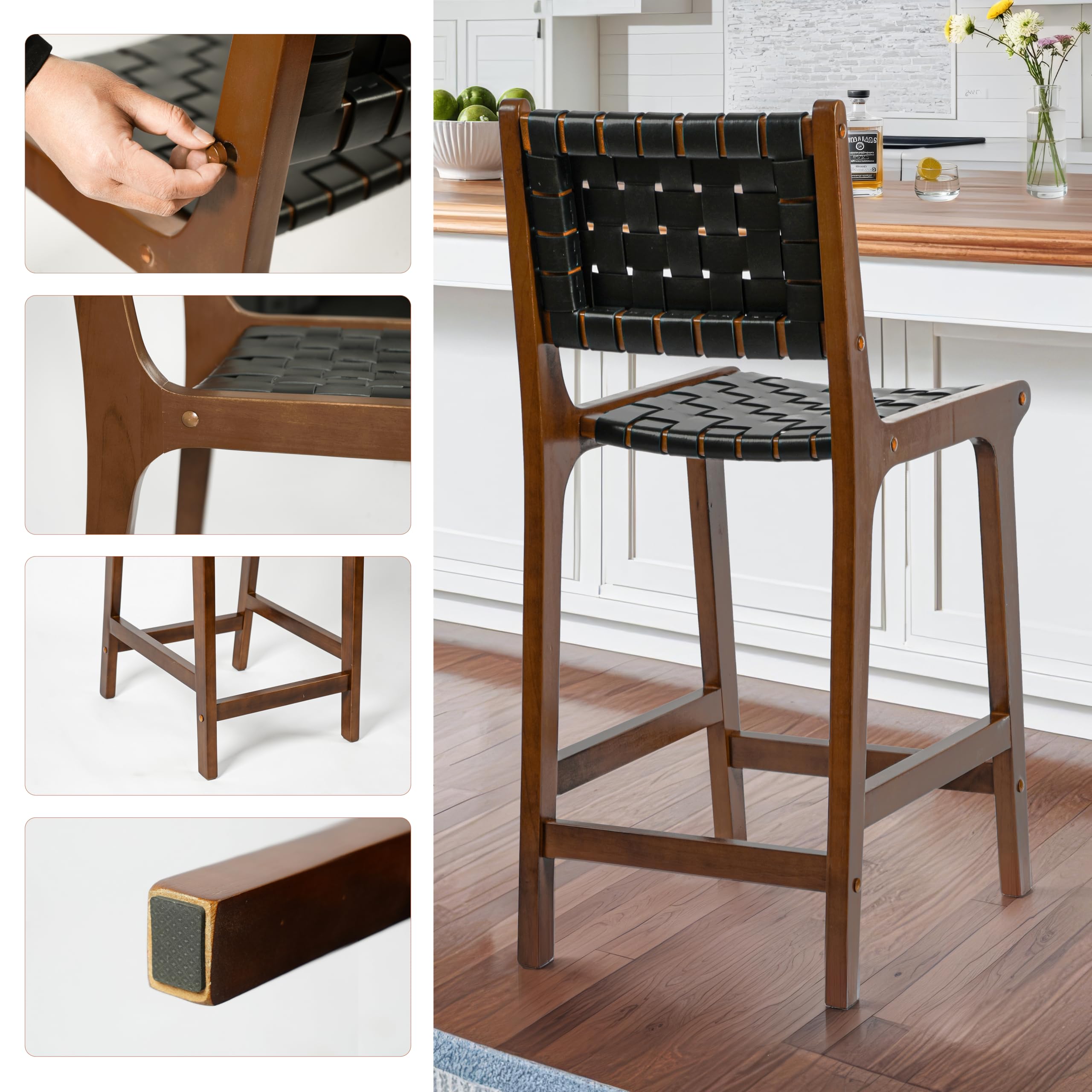 CangLong 24 Inch Counter Stool Barstool with Faux Leather Straps, Set of 2, Black