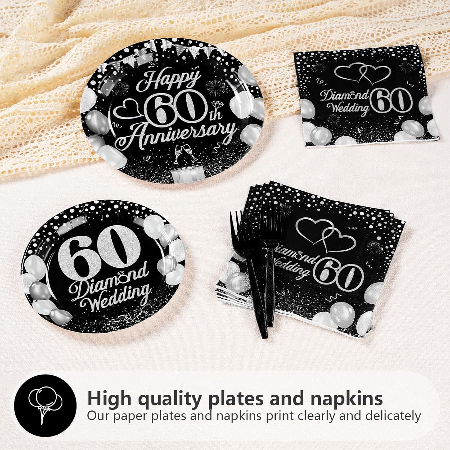 96Pcs Anniversary Decorations 60th Wedding Anniversary Party Plates Disposable Black Silver 60th Matrimony Celebration Paper Tableware Set for Women Men 60 Years of Love Party, Serves 24
