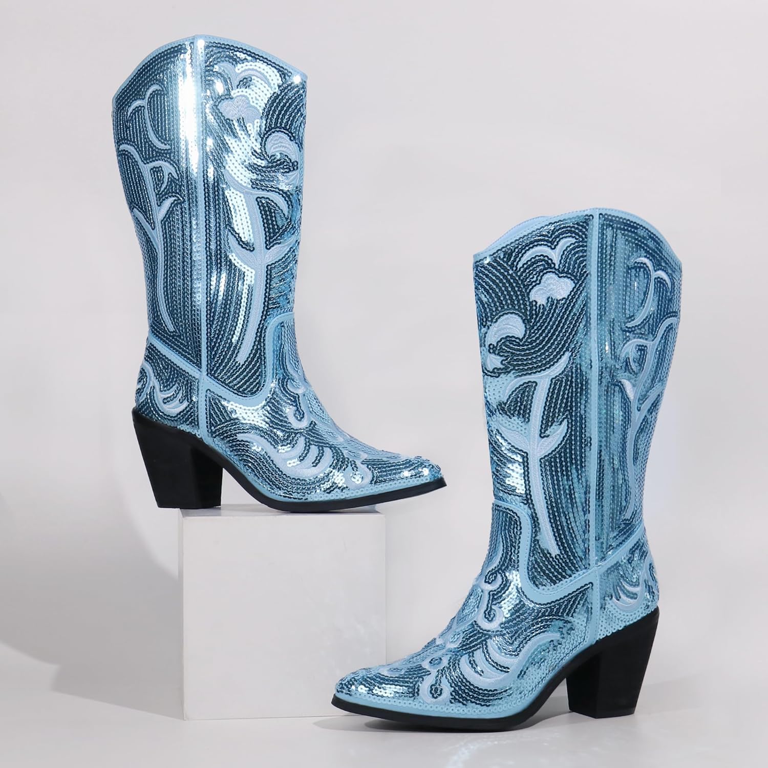 Hawkwell Women's Sequin Mid Calf Western Cowboy Boots Wide High Fashion... - Picture 30 of 30