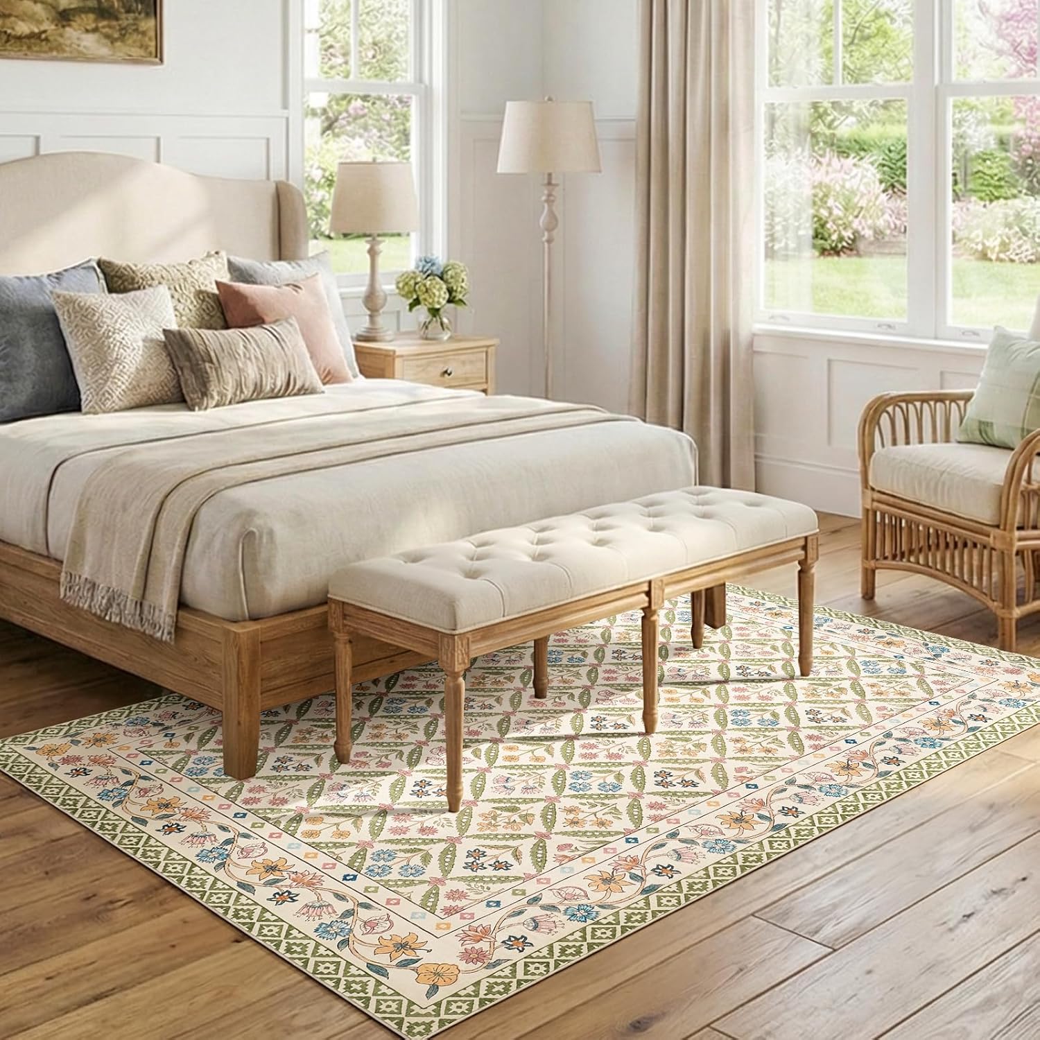 jinchan Haden 5x7 Vintage Floral Area Rug for Living Room Bedroom Soft Non-Slip Low Pile Washable Cottage Decor Dining Room Home Office Girls Dorm Carpet Sage Green