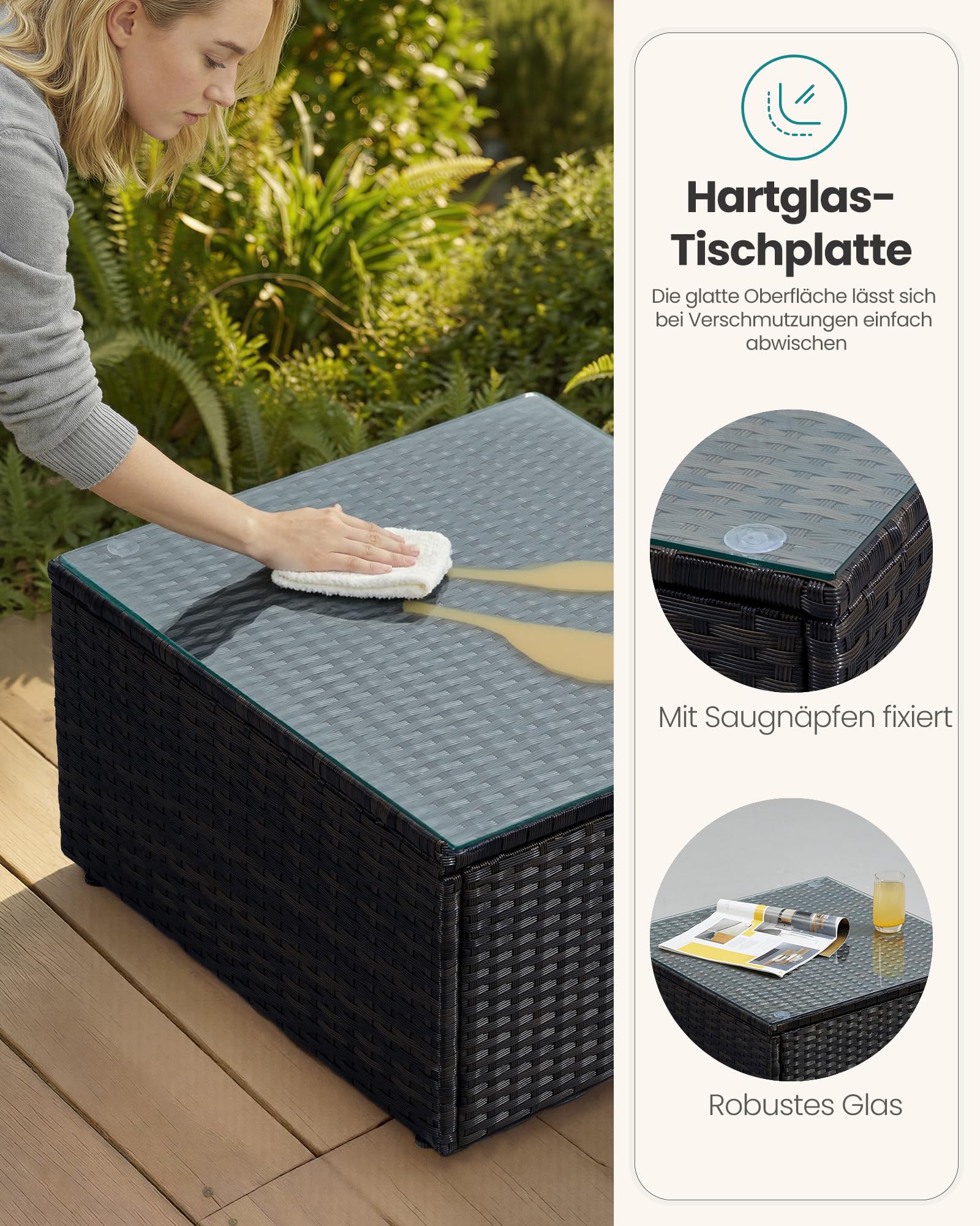 SONGMICS Gartenmöbel-Set, Balkonmöbel aus PE-Polyrattan, Terrassenmöbel, Ecksofa, Outdoor, handgeflochtenes Rattan, Lounge-Set, mit Kissen und Glastisch, schwarz-grau GGF005B04