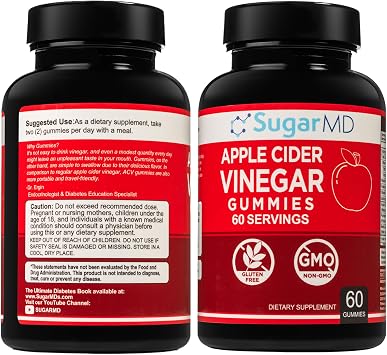 SugarMD Apple Cider Vinegar 60 Gummies - Vitamin B6 & B12-500mg Apple Cider Vinegar Supplement from Raw, Unfiltered, Unpasteurized Apples - Vegan & Halal