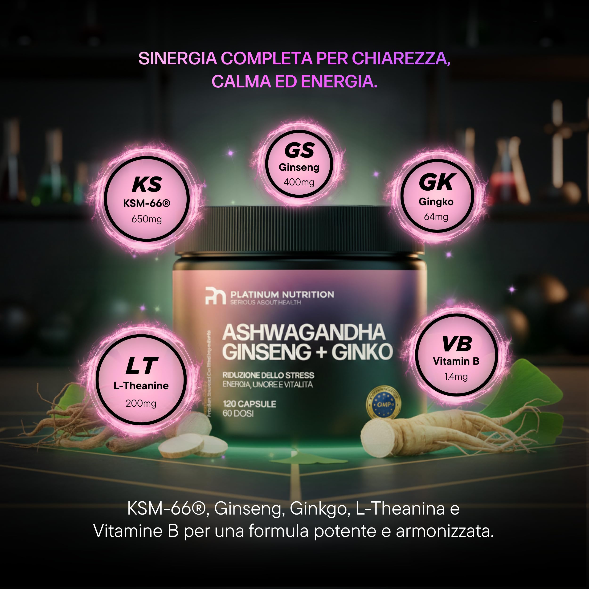 Platinum Nutrition Ashwagandha KSM-66 con Ginseng & Ginkgo Biloba, 120 Capsule (2 Mesi) | Integratore Naturale Adattogeno per Energia Mentale, Memoria, Ansia e Stress | Complesso con Ashwagandha Pura