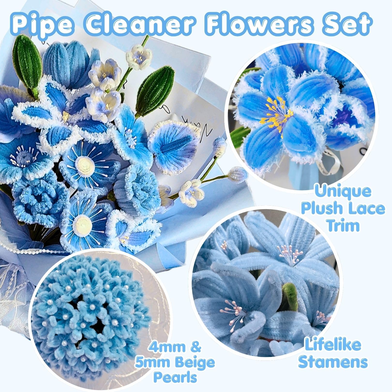 NafuXiaJJia 5-Color Blue Pipe Cleaner Flower Kit,300 Pcs Pipe