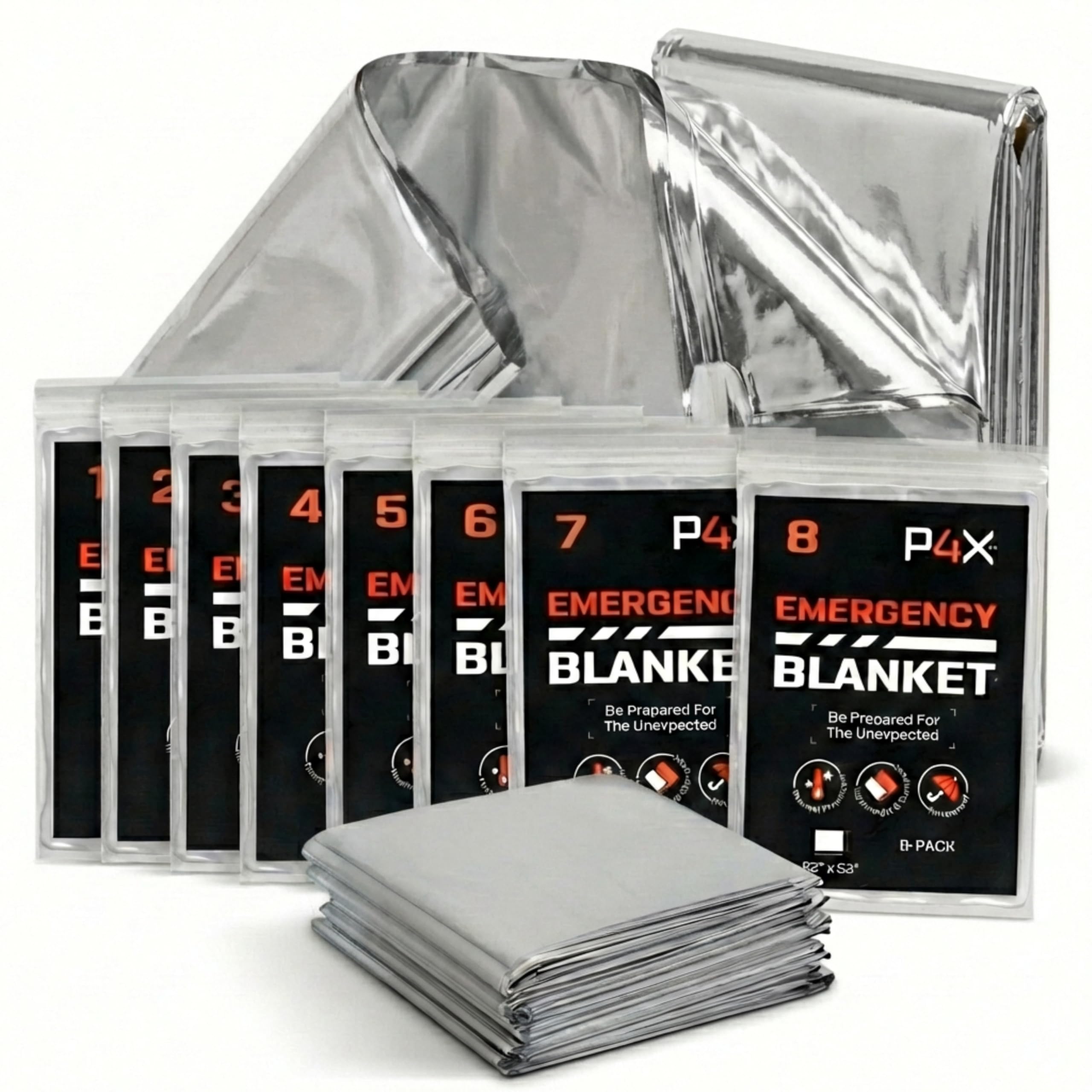 PREPARED4X Mylar Blankets 8 Pack - Waterproof Emergency Blanket - Rip and Tear Resistant Survivalist Gear - Emergency Thermal Blanket for Outdoor