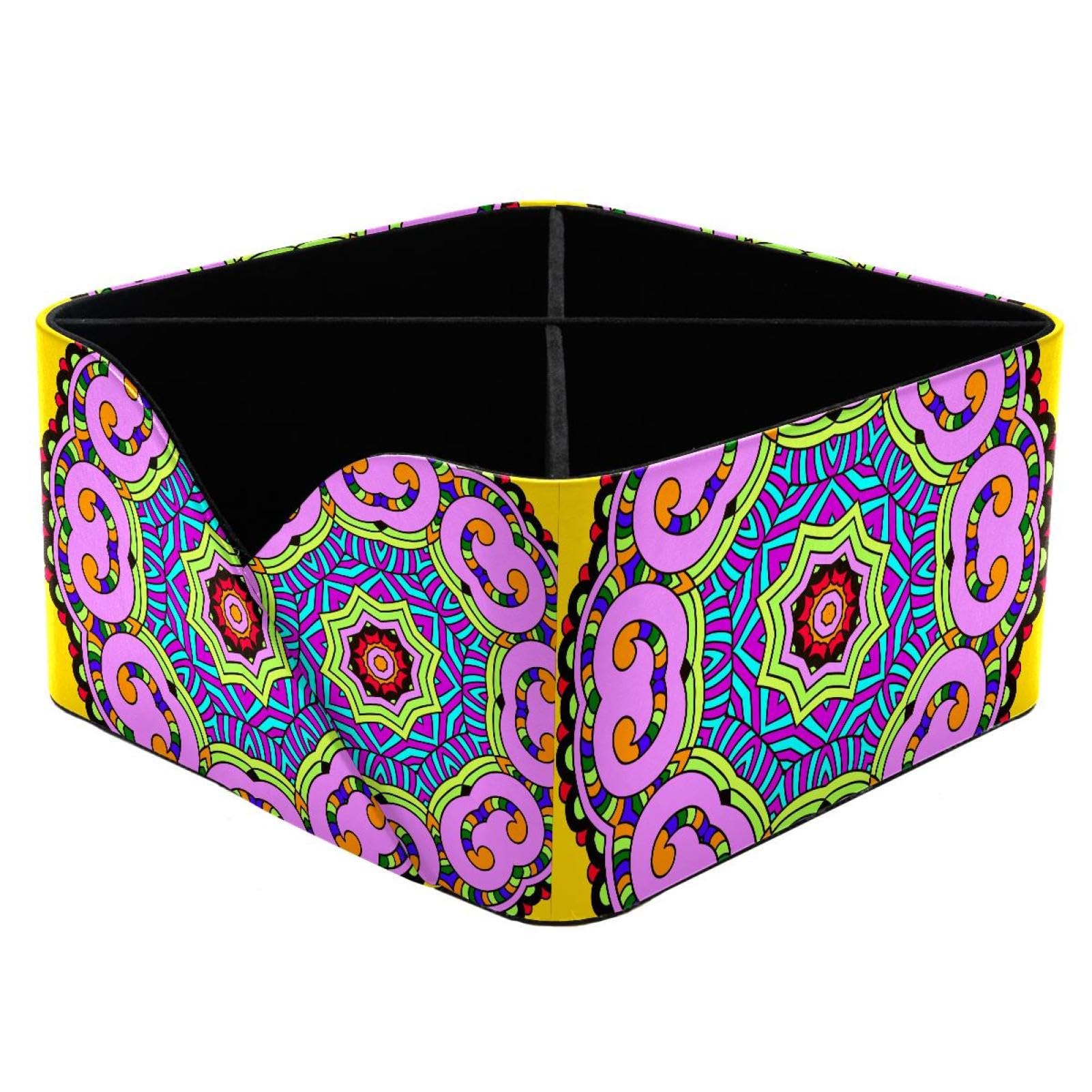 KengjuTesu Vintage Tribal Mandala Flower Circle Yellow Pattern Desktop Organizer Pen Holder, Rectangular Pencil Cup for Office, Study and Makeup Stations