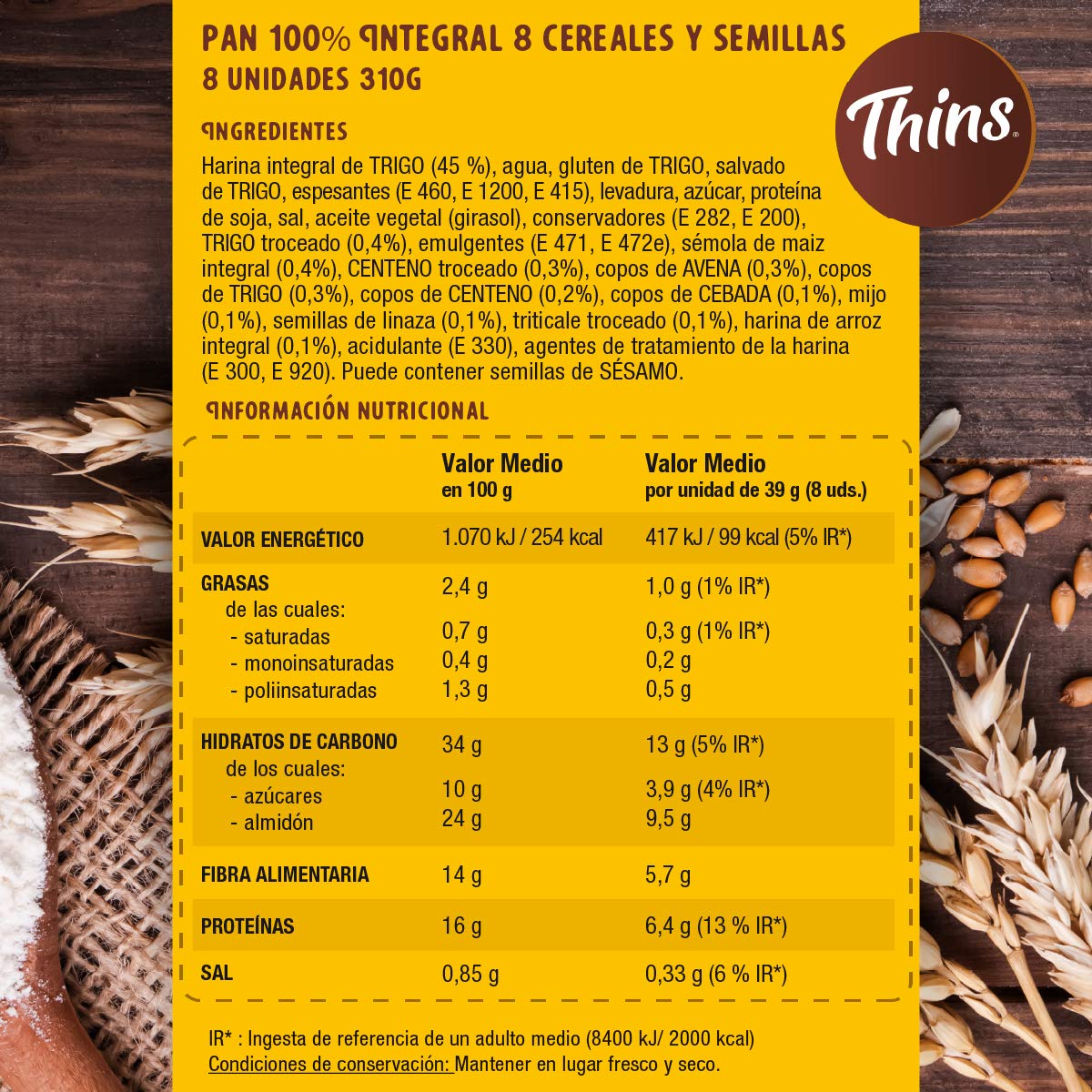 Thins 8 Cereales - Pan Sandwich, 8 unidades, 310 g