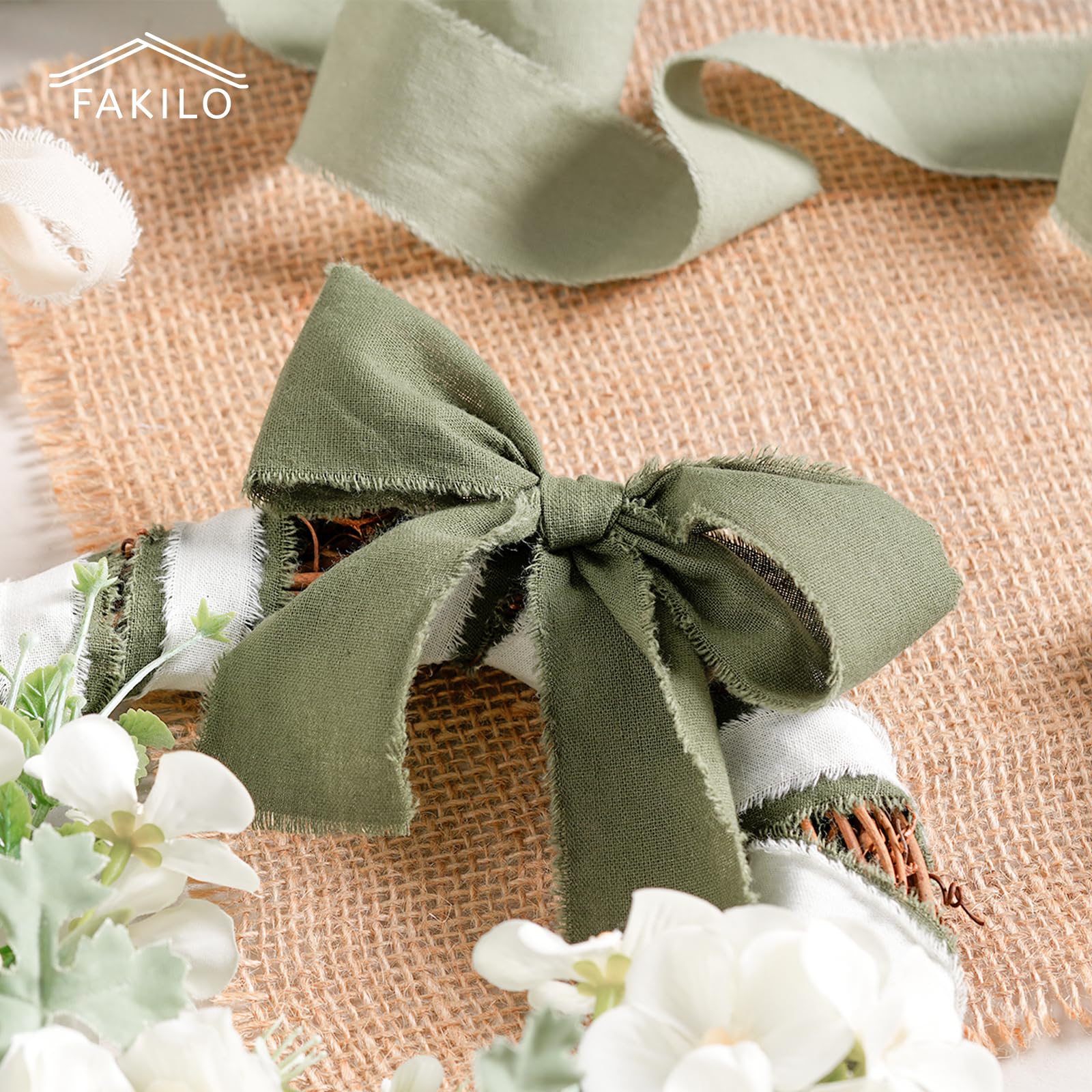 FAKILO Natural Rustic Cotton Ribbon with Frayed Edge, Sage Green 100% Cotton Ribbon 5/8"x 24yds for Vintage Wedding Bouquets,Invitations,Baby Shower,Gift Wrapping,DIY Crafts,Home Decor — view 6