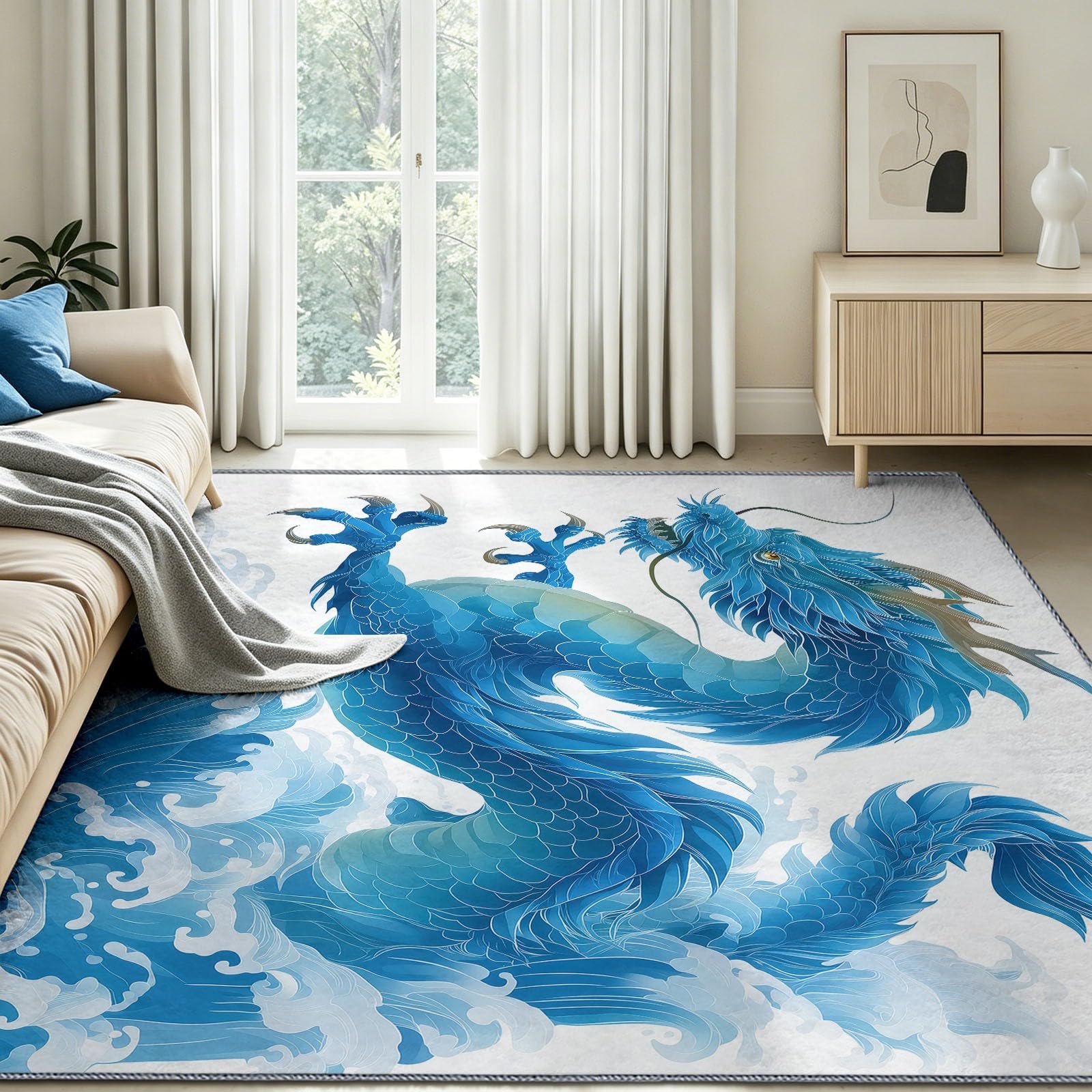 Tapis Large Blanc 150 x 210 cm Lavable, Tapis Peinture Animale Dragon Vagues Océan, Antidérapant, Poils Courts Rug, Non-Fussel, Résistant pour Salon, Chambre, Bureau et Salle à Manger