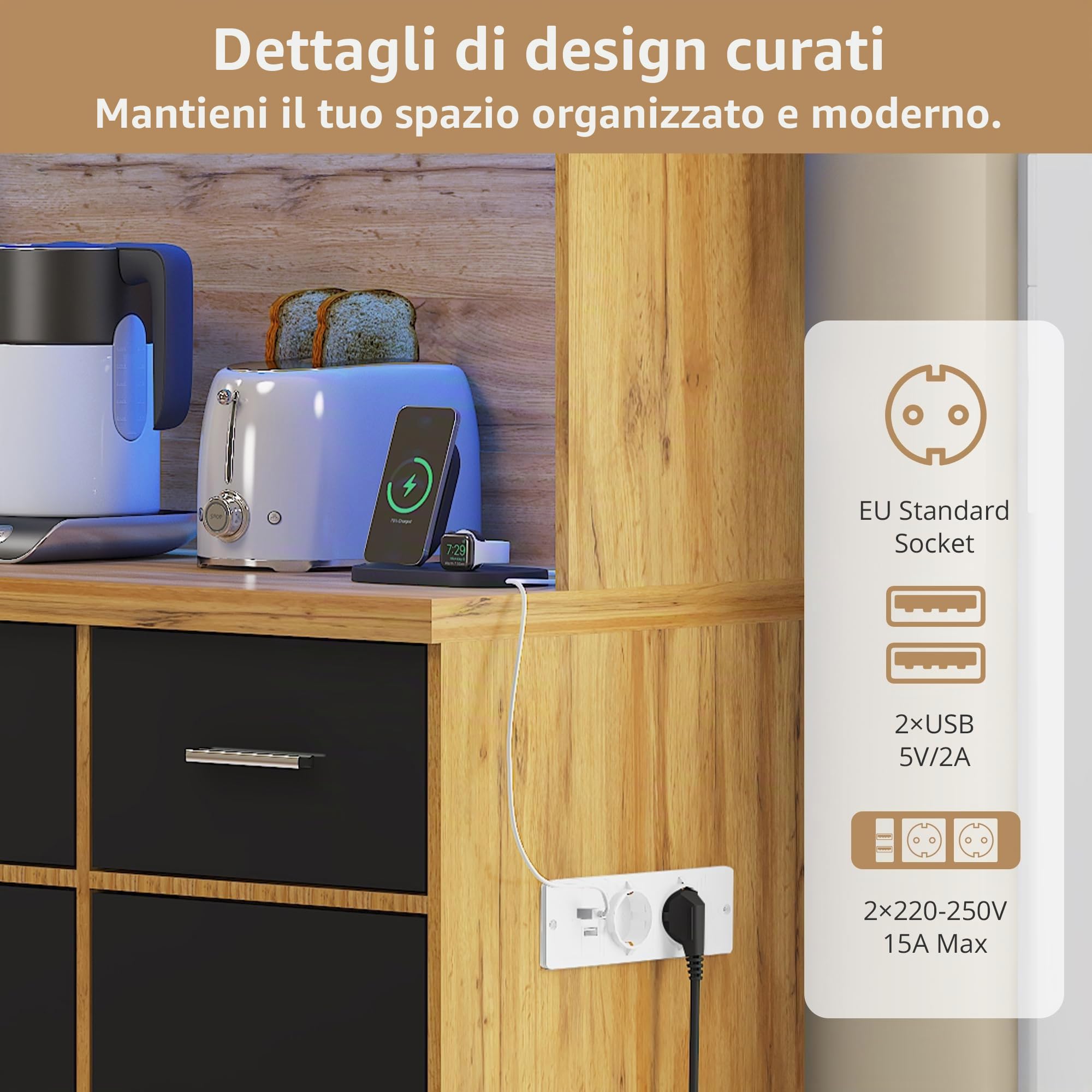 Armadio buffet, 100 x 40 x 180 cm, buffet con illuminazione a LED con telecomando, cassetti, ripiani regolabili, fori di gestione dei cavi e prese, per cucine e sala da pranzo (colore legno)