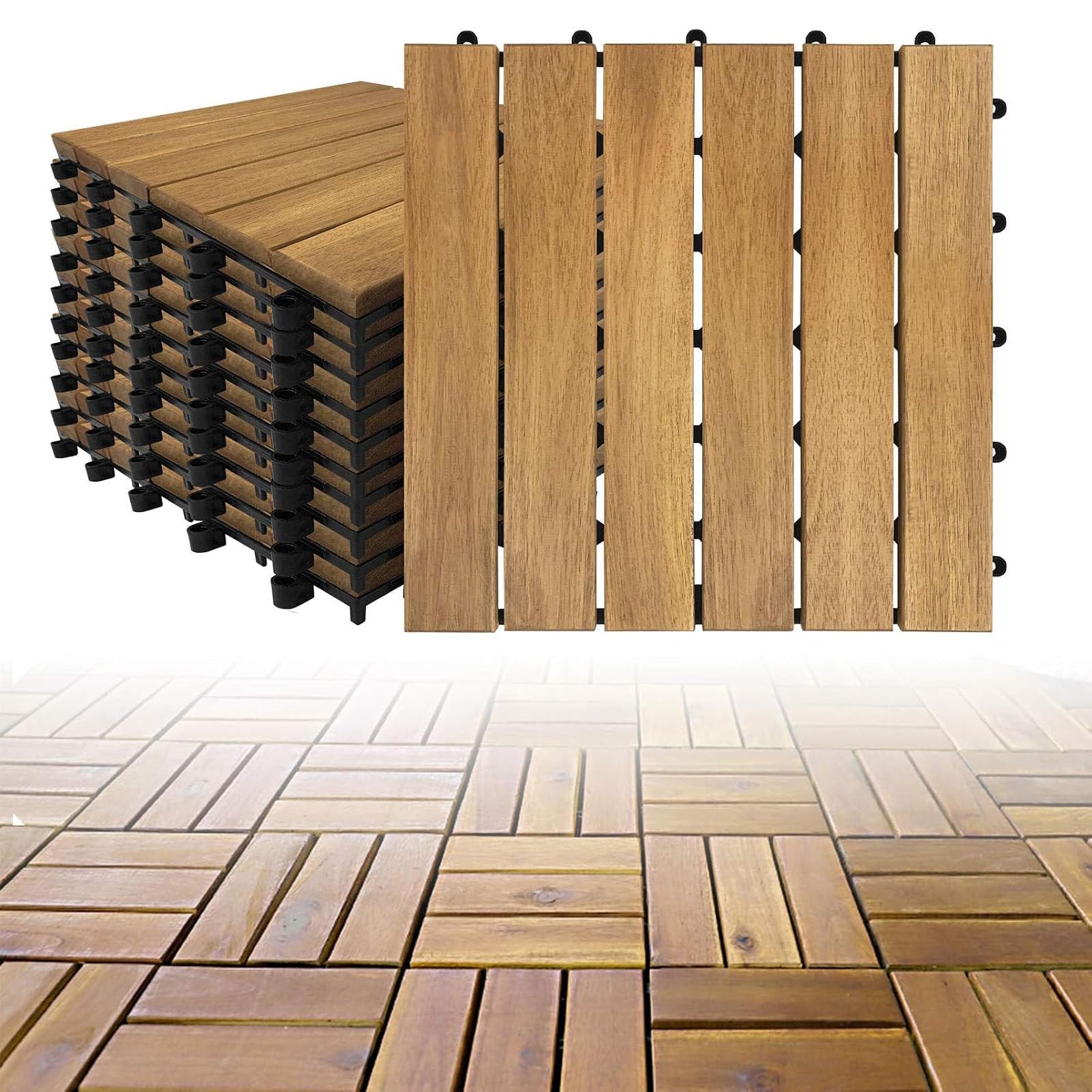 Piastrelle a Incastro in Legno 30x30 cm con Base in PE 6-Slat-12pc | Confezione da 11 pezzi (1 m²) –Pavimentazione in legno di acacia per esterni;piastrelle antiscivolo con sistema a incastro