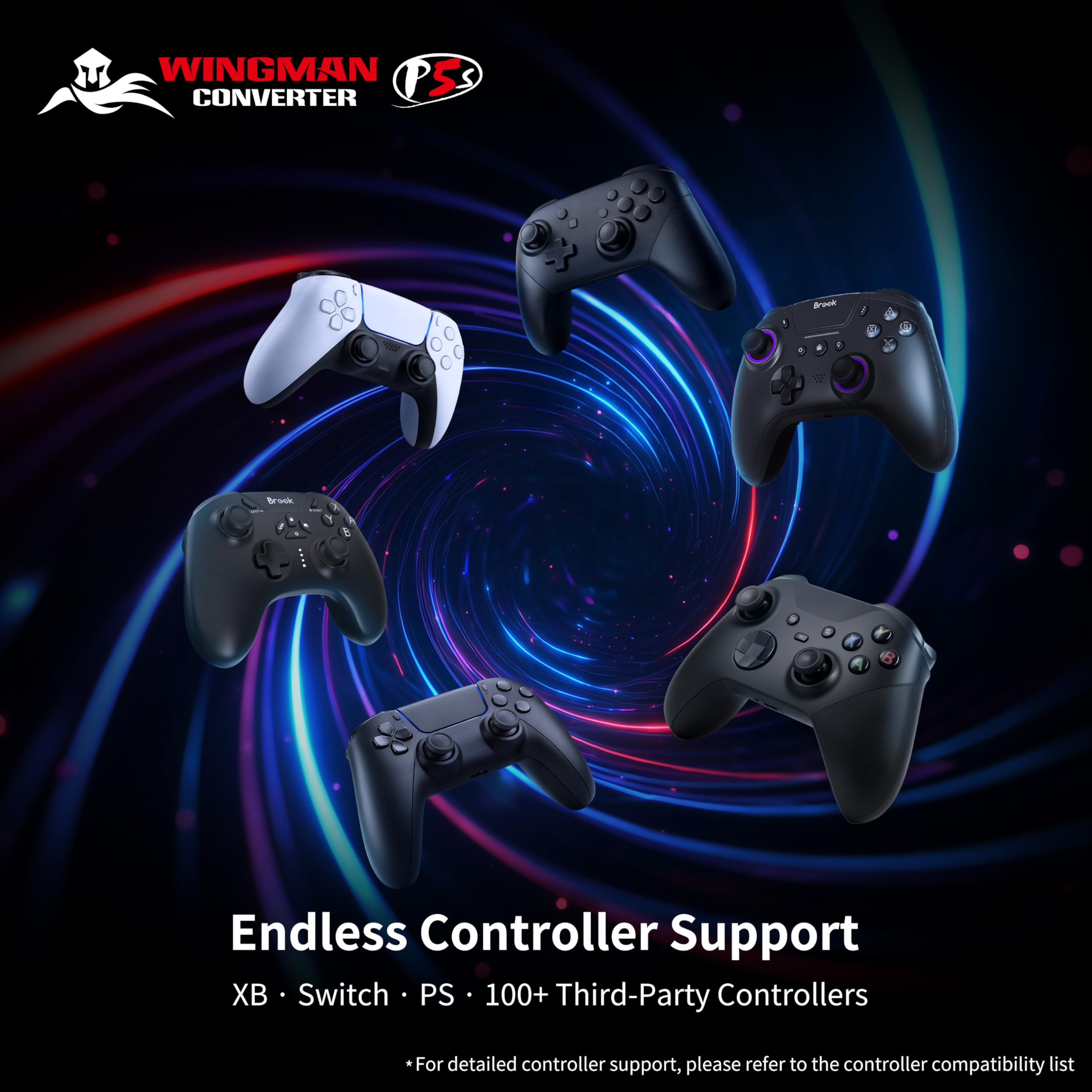 Brook Wingman P5s - P5 P4 NS2 NS PC-Controller-Konverter mit kabelloser und kabelgebundener Unterstützung, Vibration, 6-Achsen-Bewegung, Turbo-Makro-Remap über Converter Center Software