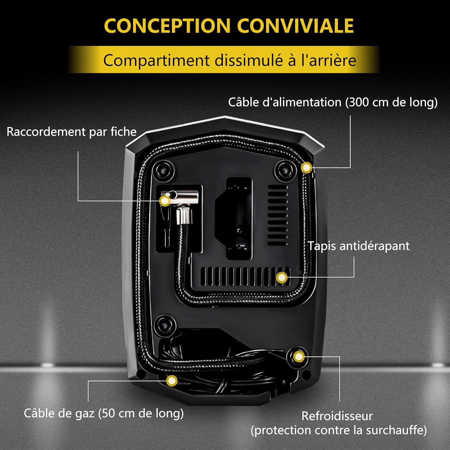 Hinteren view of the inflator showing hidden compartment for cables