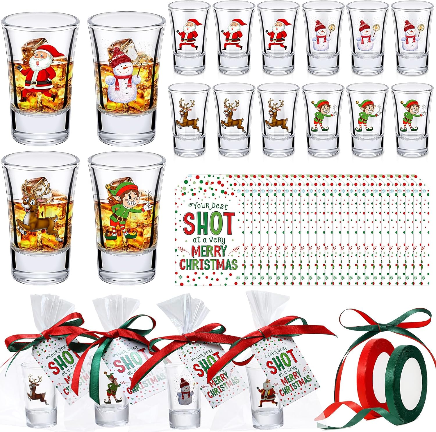 24 Pcs Christmas Party Favors Shot Glasses 1.5oz Holiday Glasses Bulk with Heavy Base Santa Small Shot Cups with Christmas Cards and Gift Bags and Ribbon for Xmas Gift Stocking Stuffer Supply