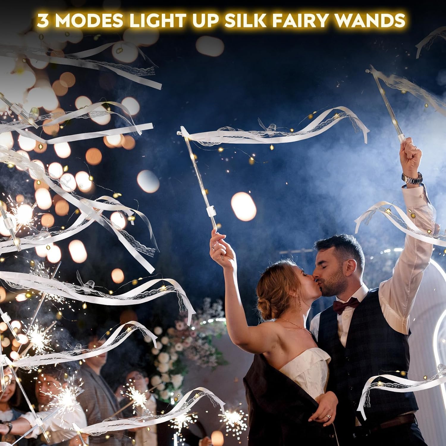 50 pcs Wedding Wands, Light up with LED for Wedding Send Off, Fairy Wands has 3 Flashing Modes, Silk, Lace and Bells for Wedding, Birthday, Christmas, New Year