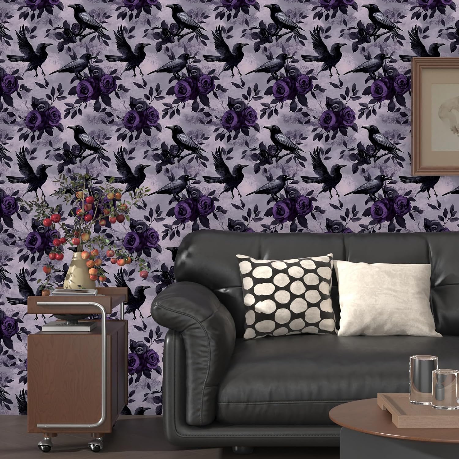 Black Crow Bird Wallpaper Peel and Stick, Vintage Purple Rose Floral Contact Paper, Dark Goth Witchy Wall Paper Self Adhesive Removable Waterproof for Bedroom Shelves Cabinet Drawer Table 17.5" x 118"
