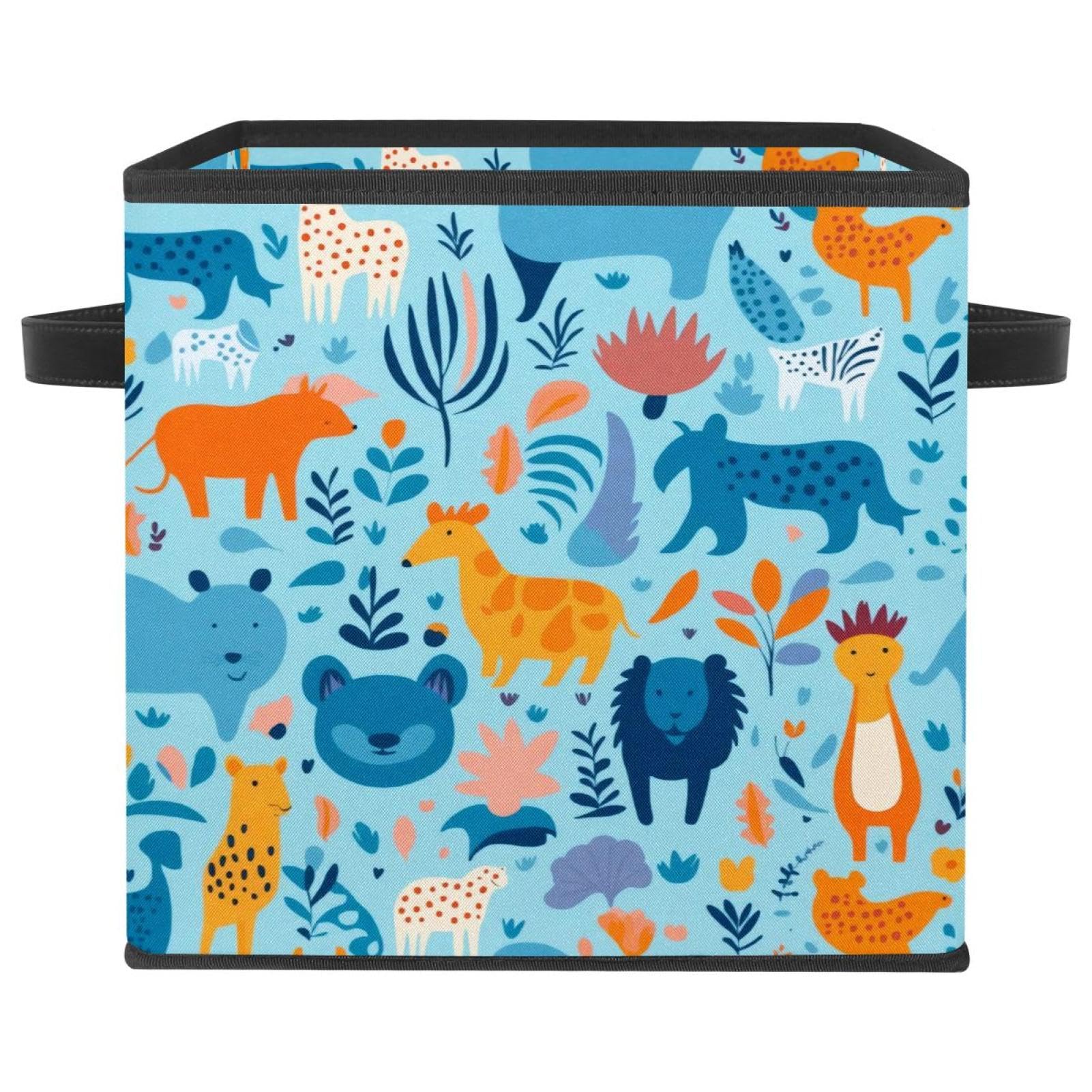 Cube de rangement pliable bleu boîte tissu avec poignée cuir pour maison et salon