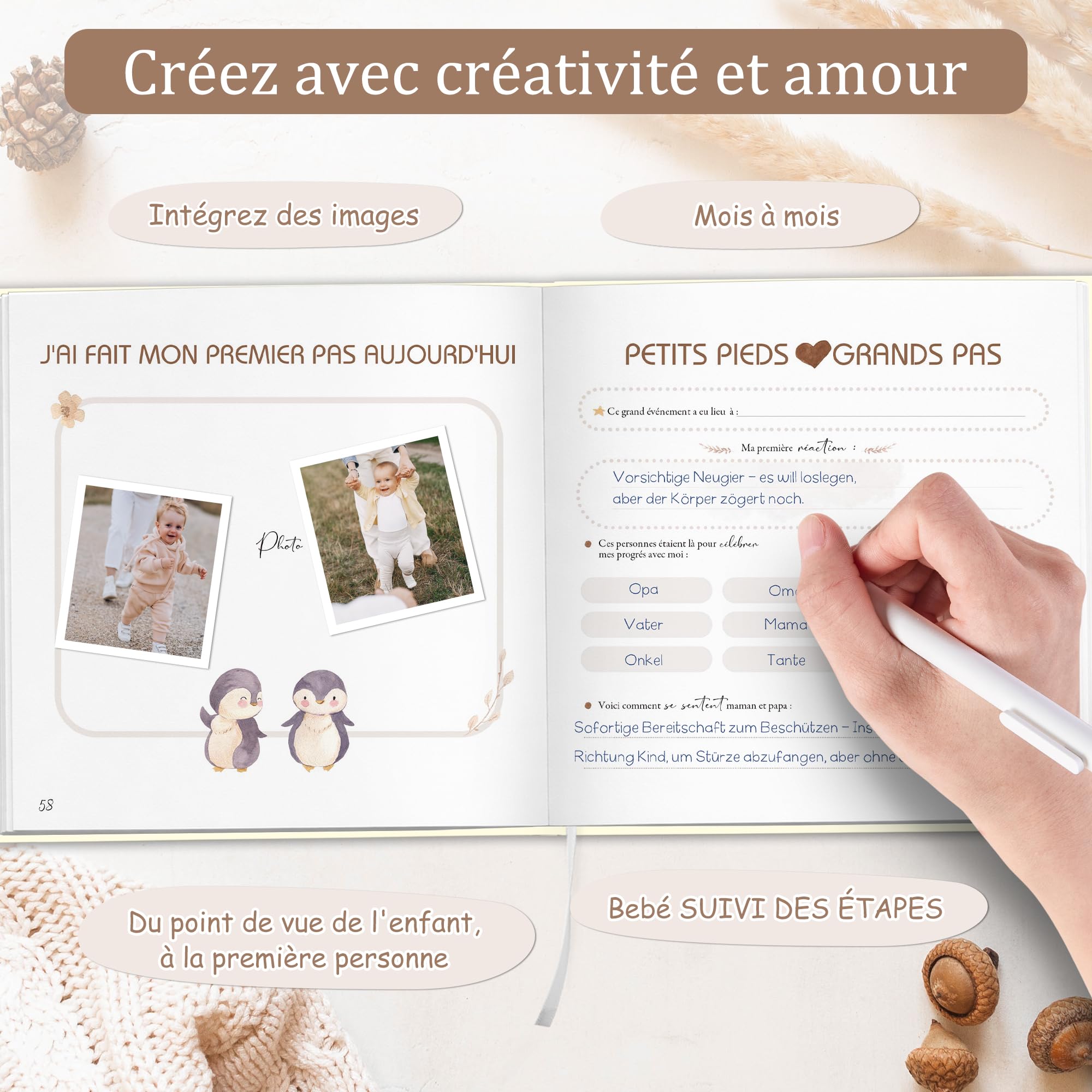 Hyggartn Album de Naissance Bébé 84 Pages avec Autocollants – Journal de la Première Année à Remplir avec Photos, Textes et Jalons Importants, Cadeau Fille Garçon (lin beige) - 5