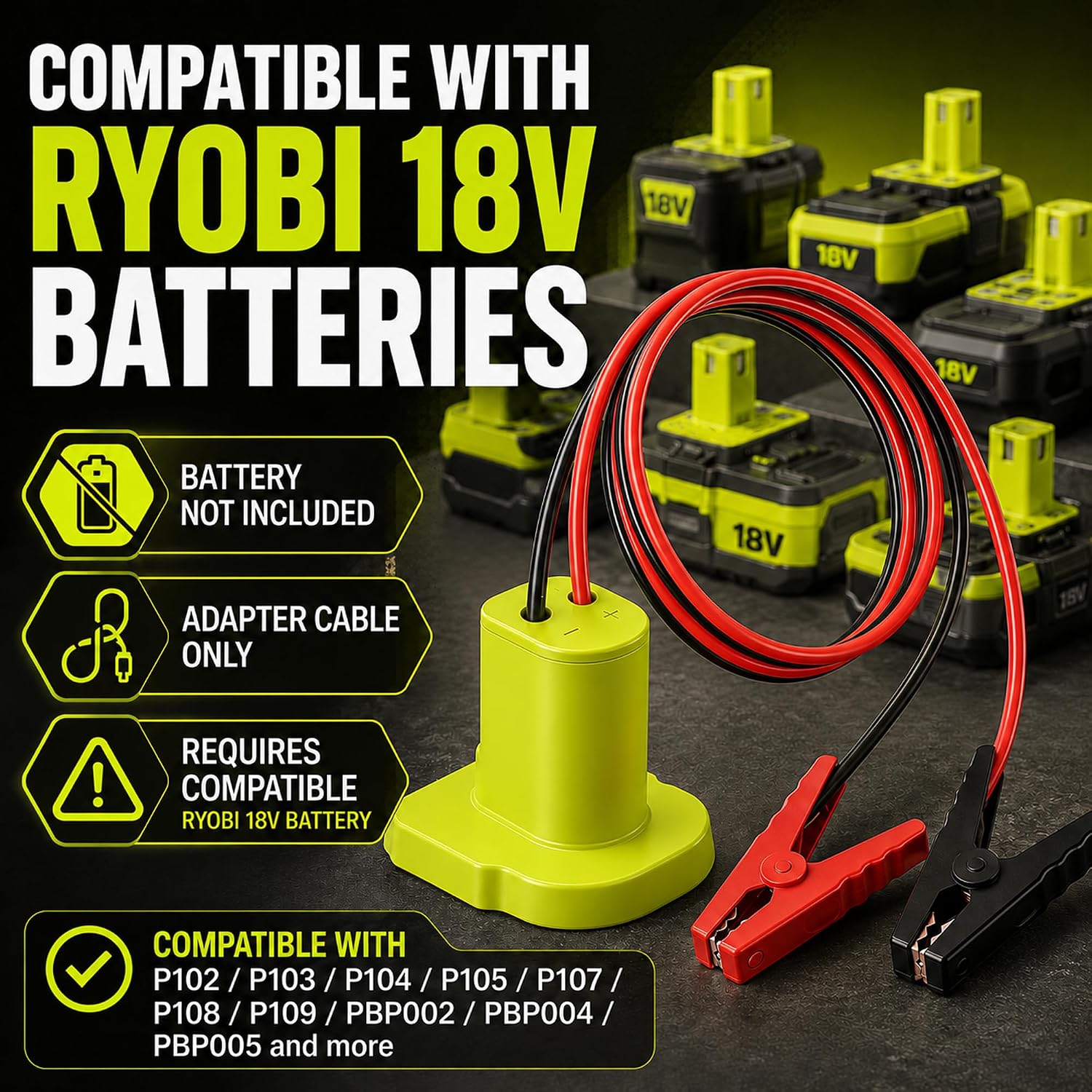 Jumper Cables Adapter Compatible with Ryobi 18V Battery, 12AWG 2FT Battery Jumper Cable with Alligator Clamps, Emergency Booster Cable for Compact Cars, Motorcycles, ATVs and Lawn Equipment